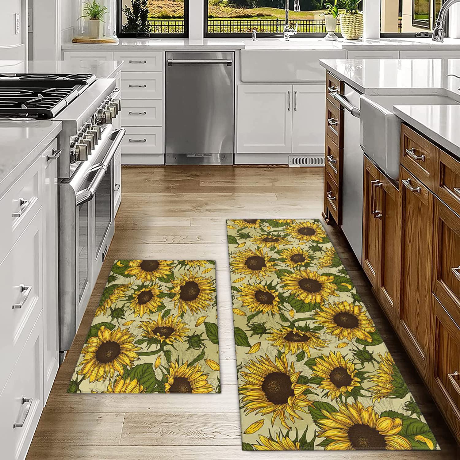 **Non-Slip Washable Sunflower Kitchen Rugs Set of 2 - Yellow Floral Decor for Floor, Sink & Entryway - Soft & Durable for Home, Apartment & Office**