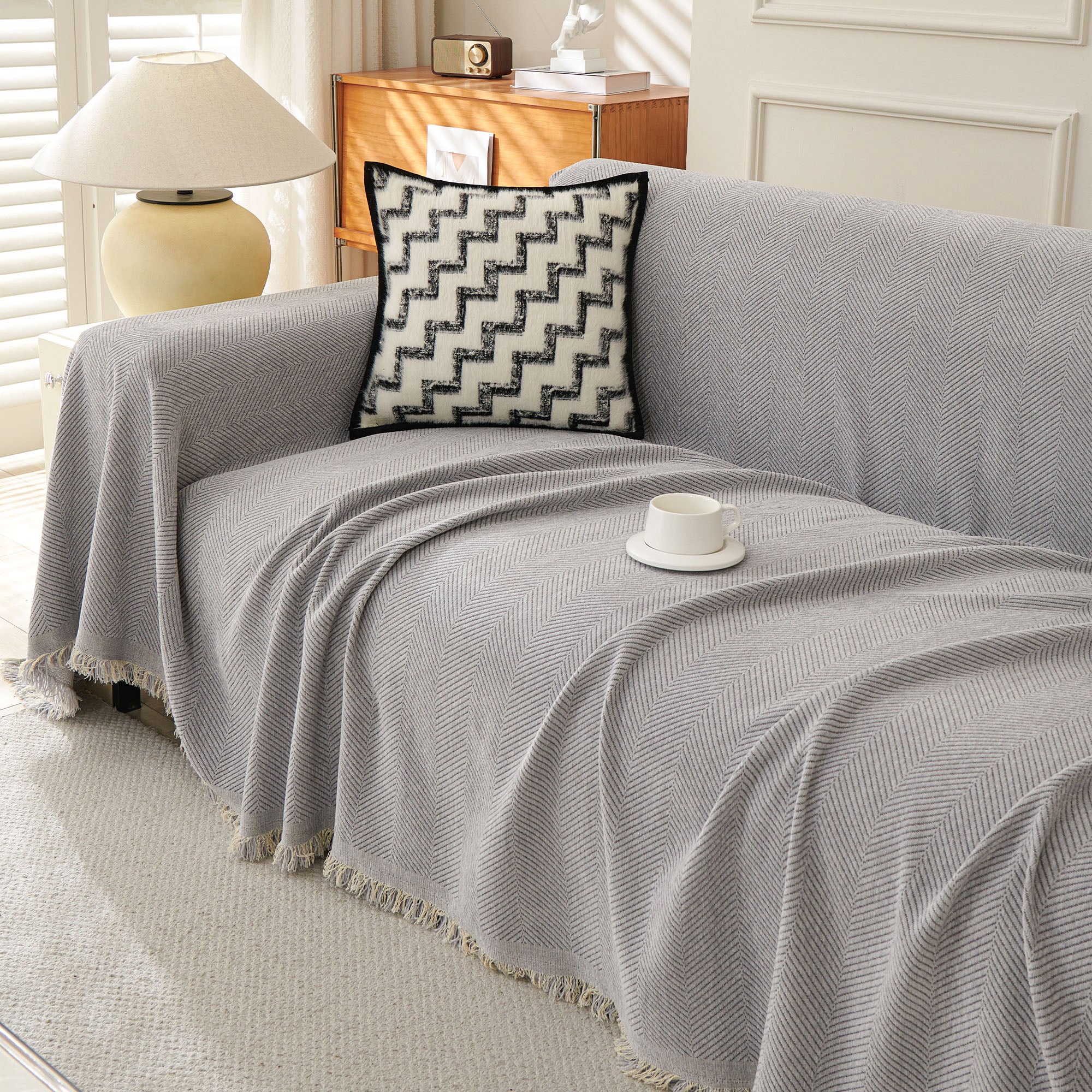 Soft Breathable Herringbone Plush Pet-Friendly Sofa Cover - Woven Throw Couch Protector for Living Room, Bedroom & Office - Washable Furniture Protector for Dogs & Cats