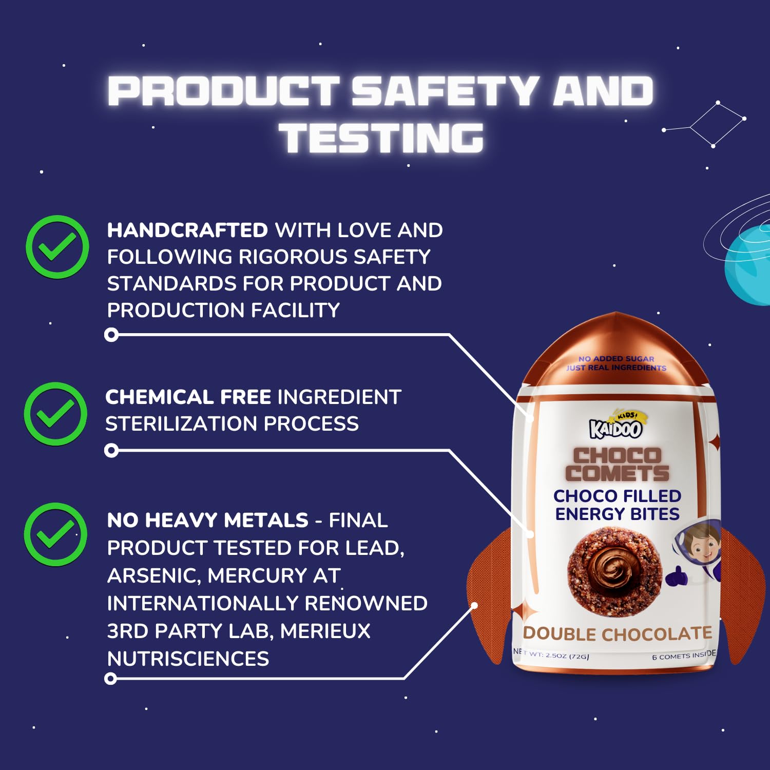 Kaidoo Kids Choco Comets Variety Pack - 3 Flavors (Double Chocolate, Orange, Mint) | High Protein & Fiber Chocolate Filled Snack Bites | No Added Sugar, Dye-Free | Perfect for School Lunches, After-School Snacks & Kids' Parties