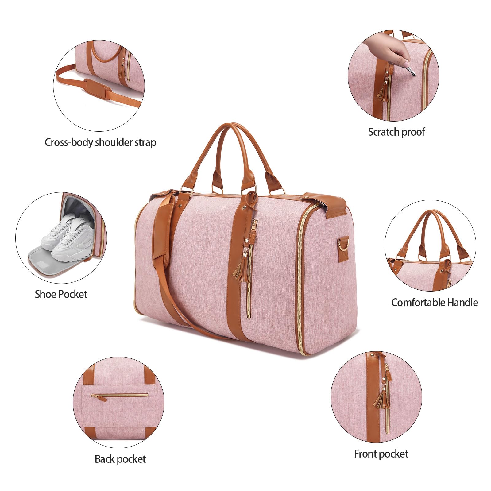 3 in 1 Foldable Garment Travel Bag with Shoe Pouch - Large Capacity Leather Duffel Bag for Men & Women - Convertible Carry On Hanging Suitcase & Weekender Bag for Business Trips & Vacations