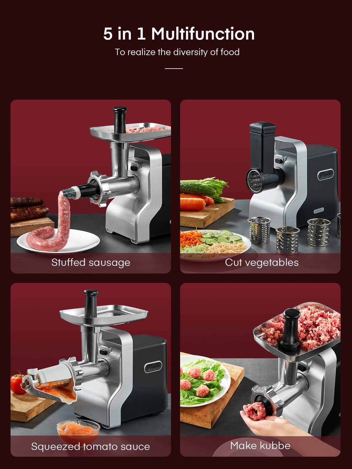 Heavy Duty 3000W Electric Meat Grinder - 5-in-1 Stainless Steel Sausage Stuffer with 3 Grinding Plates (#12 Size, Black) - Perfect for Home Kitchen, Butcher Shop & Commercial Use - Make Burgers, Sausages & Ground Meat Easily