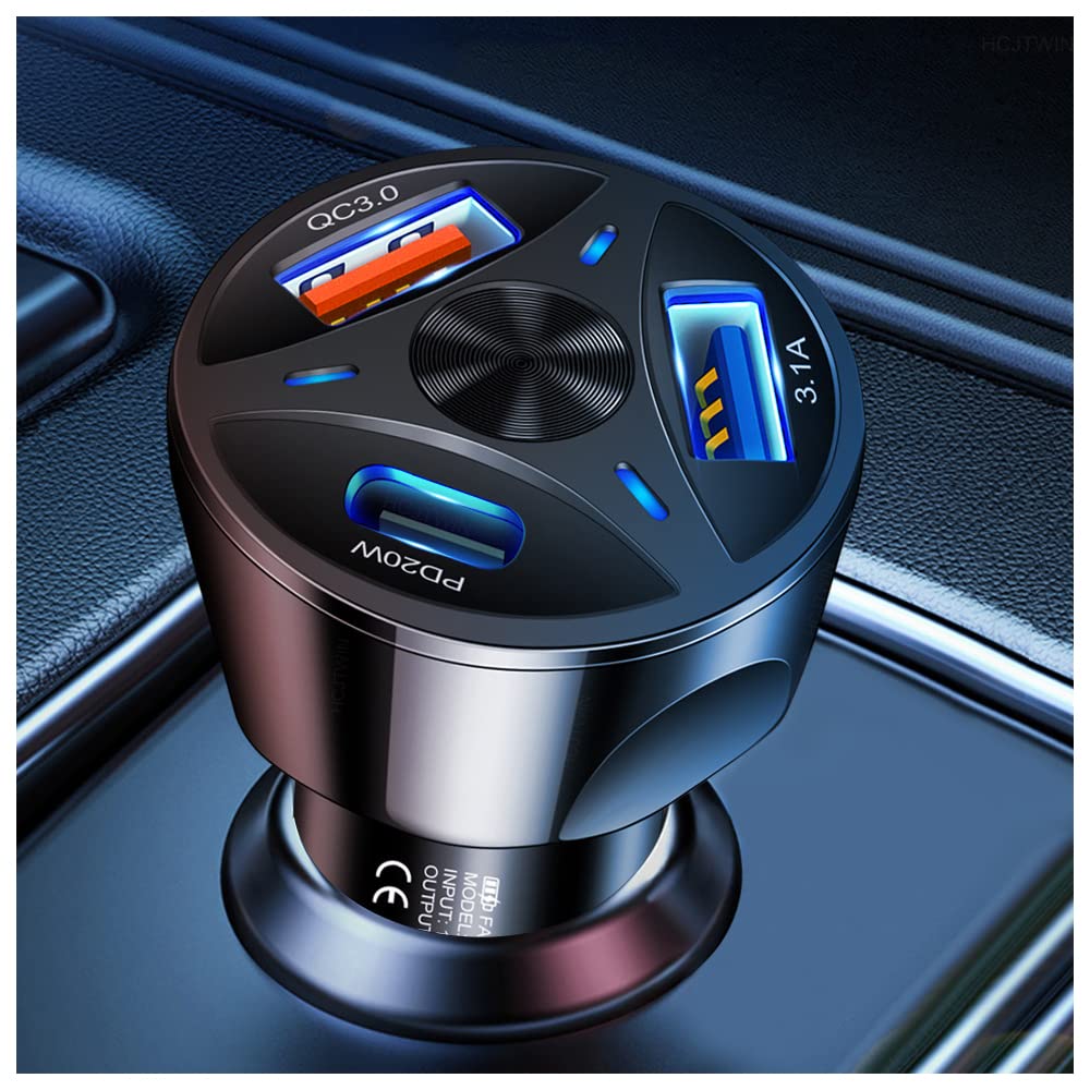 Fast Charging 3-Port USB Car Charger with PD20W & QC3.0 - Compatible with iPhone 14 Pro Max/13, MacBook Pro, iPad Pro, Galaxy S22/S21 & Nintendo Switch - Perfect for Road Trips & Multi-Device Charging