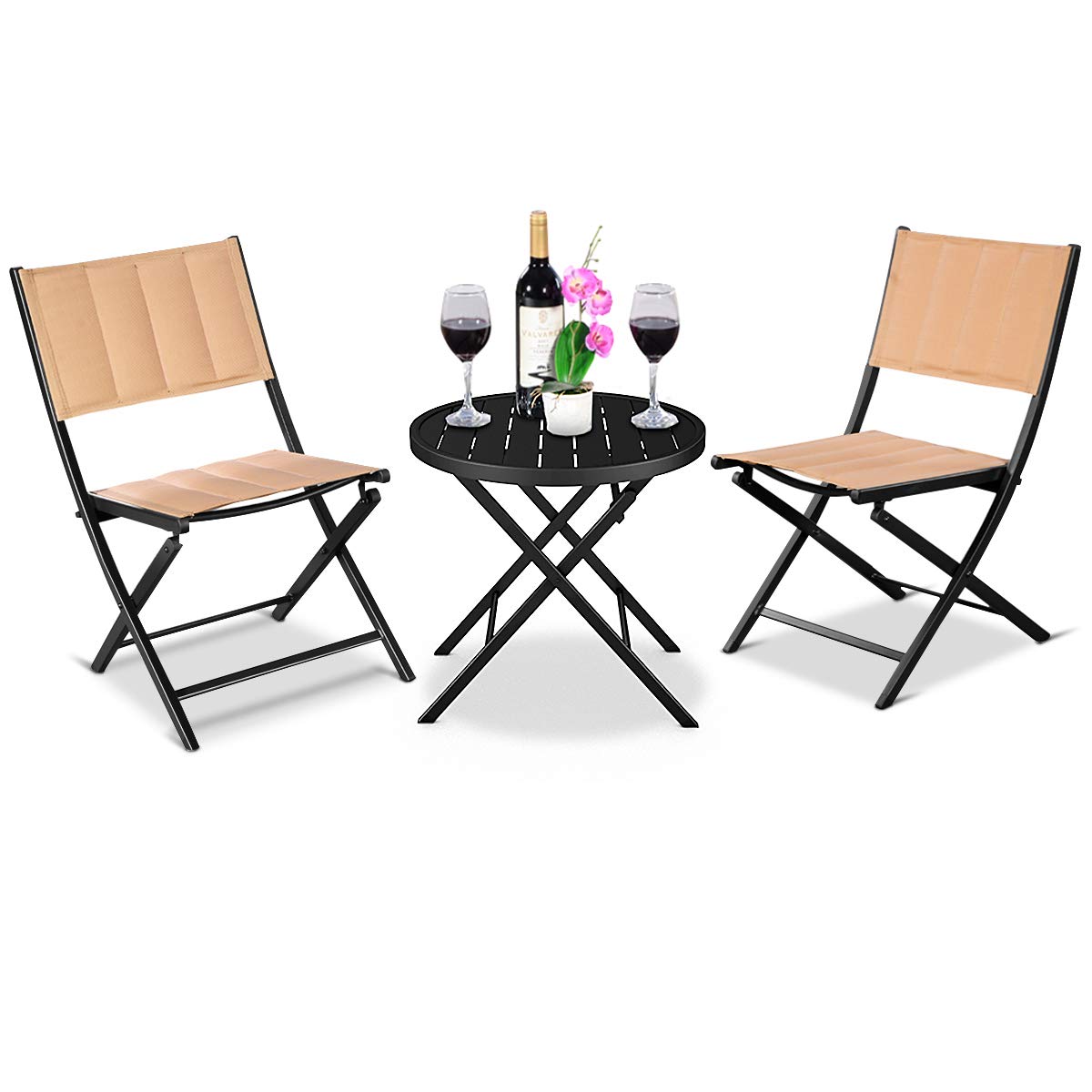 Giantex 3-Piece Patio Folding Table and Chairs Set, Outdoor Bistro Garden Furniture with Steel Frame - Perfect for Backyard, Deck, Balcony, and Poolside Relaxation