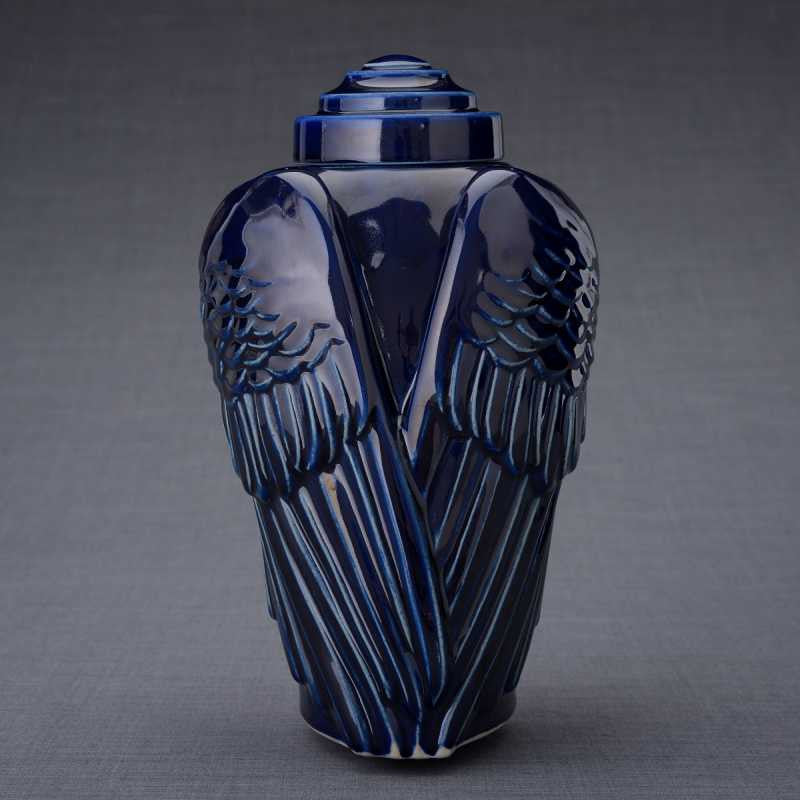 Cobalt Blue Angel Wings Sculpture Ceramic Cremation Urn - Memorial Keepsake for Ashes, Perfect for Home Display or Funeral Services