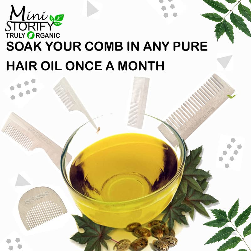 Mini Storify – Natural Kacchi Neem Wood Comb for Hair Growth & Scalp Care - Pack of 2 Handmade Wooden Combs for Women & Men - Anti-Dandruff & Hair Fall Control - Pocket & Handle Comb for Daily Hair Care, Travel & Ayurvedic Hair Treatment