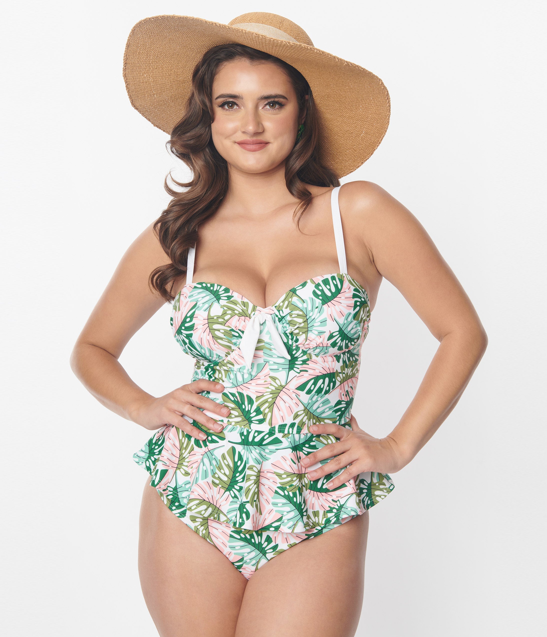 Vintage Green & Pink Monstera Leaf Print Solana Tankini Swim Top - Perfect for Beach Vacations, Pool Parties & Summer Getaways