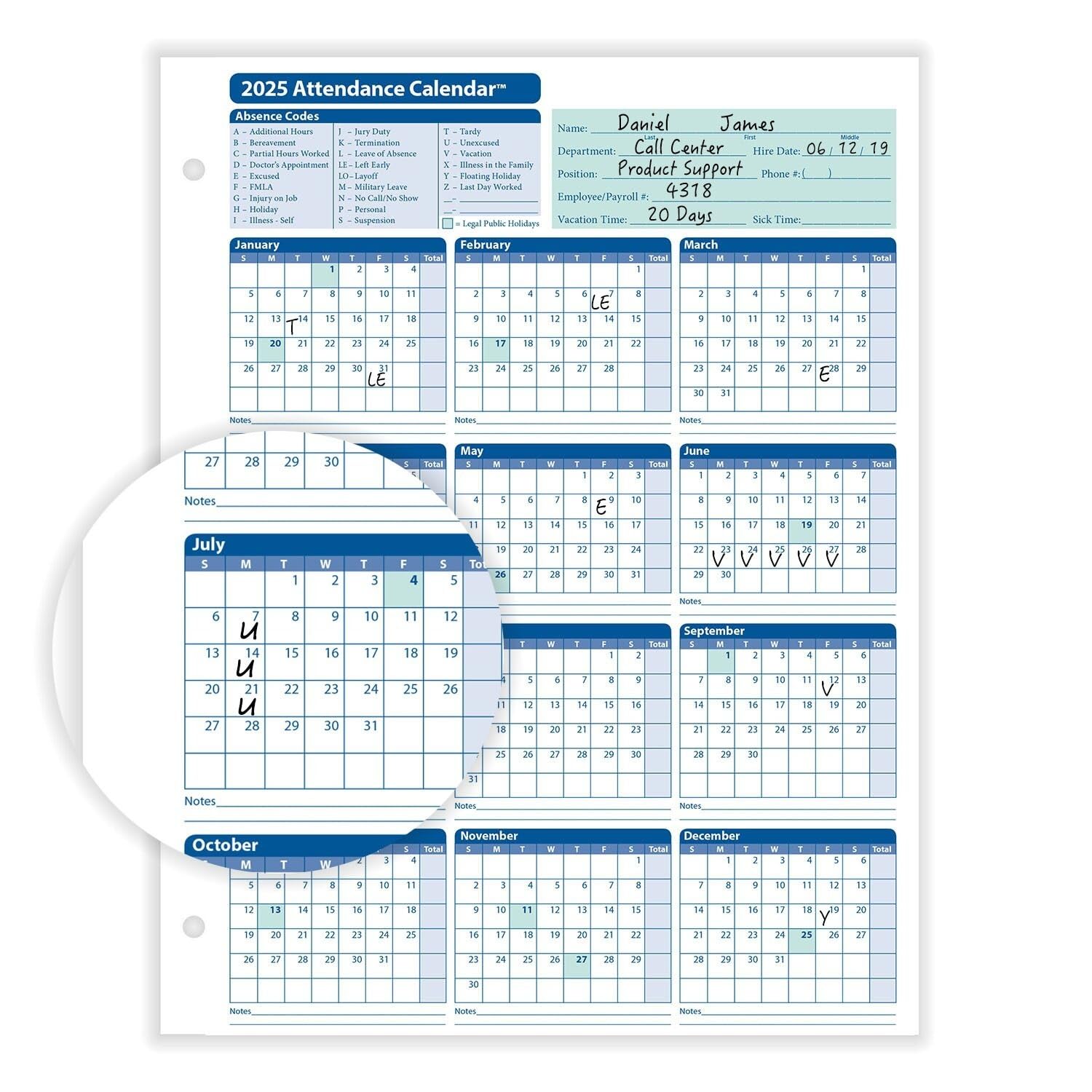 2025 Attendance Calendar Card - Pack of 25 White Business Cards - Perfect for Office, School, and Event Tracking