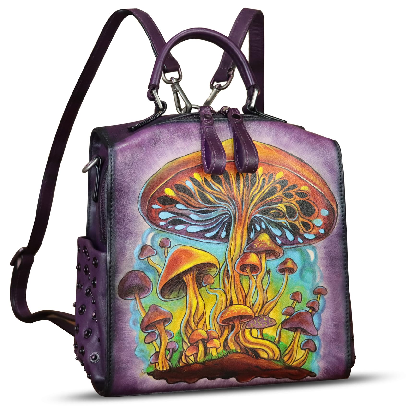 Handmade Genuine Leather Satchel for Women - Crossbody Purse, Top Handle Bag & Convertible Backpack - Unique Hand-Painted Design - Perfect for Work, Travel & Everyday Use