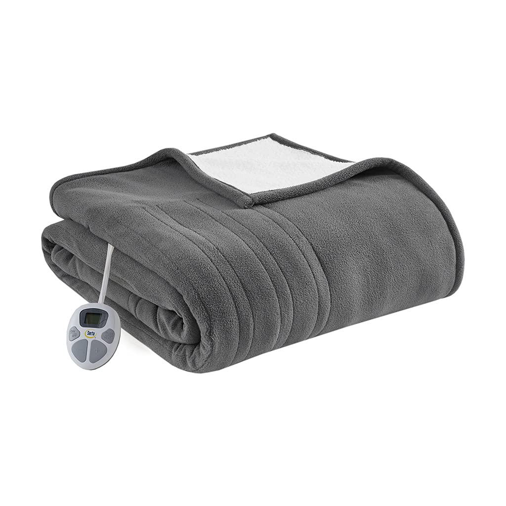 Serta Reversible Fleece to Sherpa Electric Blanket - Fast Heating with Auto Shut Off Timer & 10 Heat Settings - ETL Certified, Machine Washable - Grey Twin Size 84