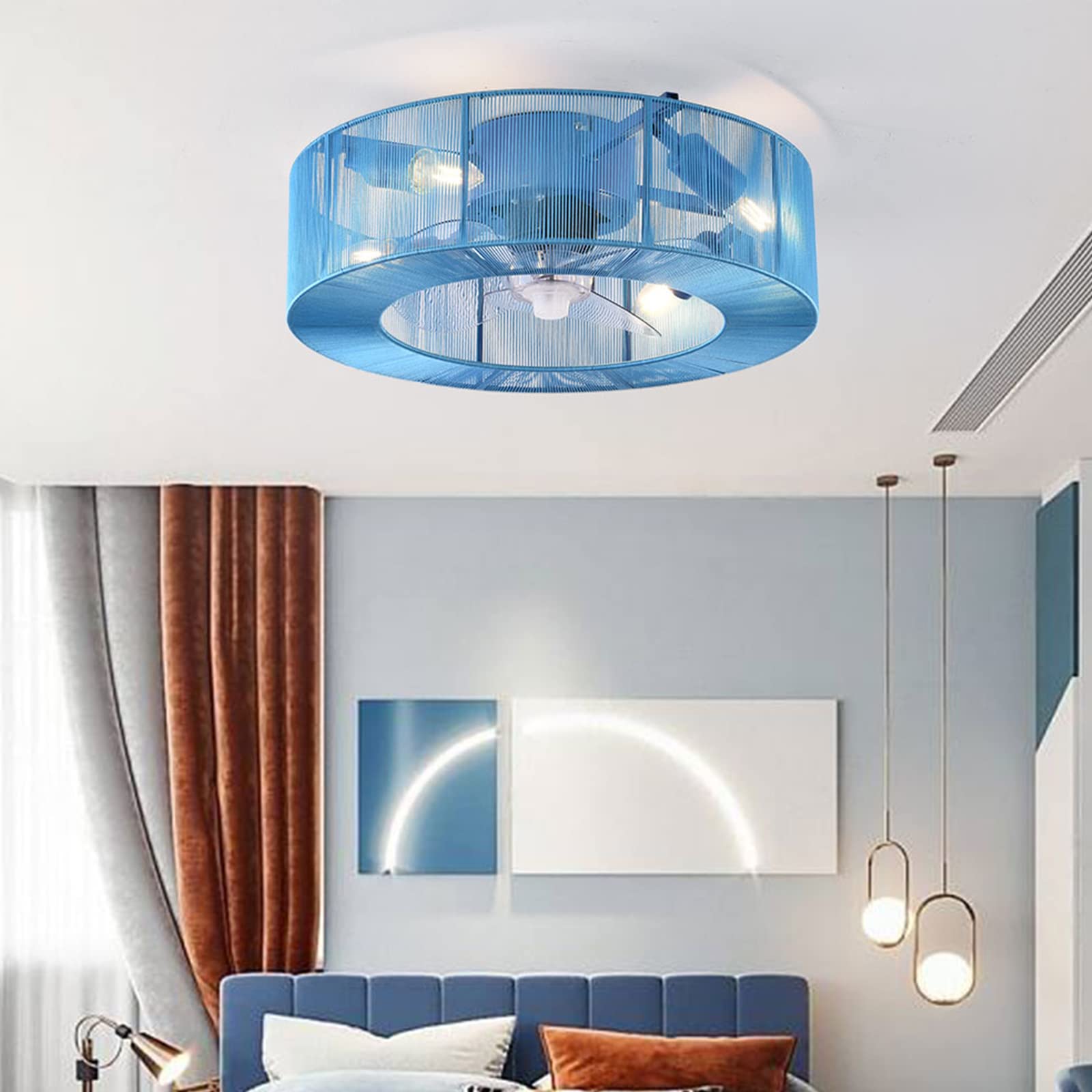 TFCFL 18 Inch Bladeless Ceiling Fan with Light - Remote Control, Modern Chandelier Fan Semi-Flush Mount, Hidden Blades, String Pattern Cage Design, Ultra Quiet, 4 E26 Bulb Base (Blue) - Perfect for Bedroom, Living Room, and Office Spaces