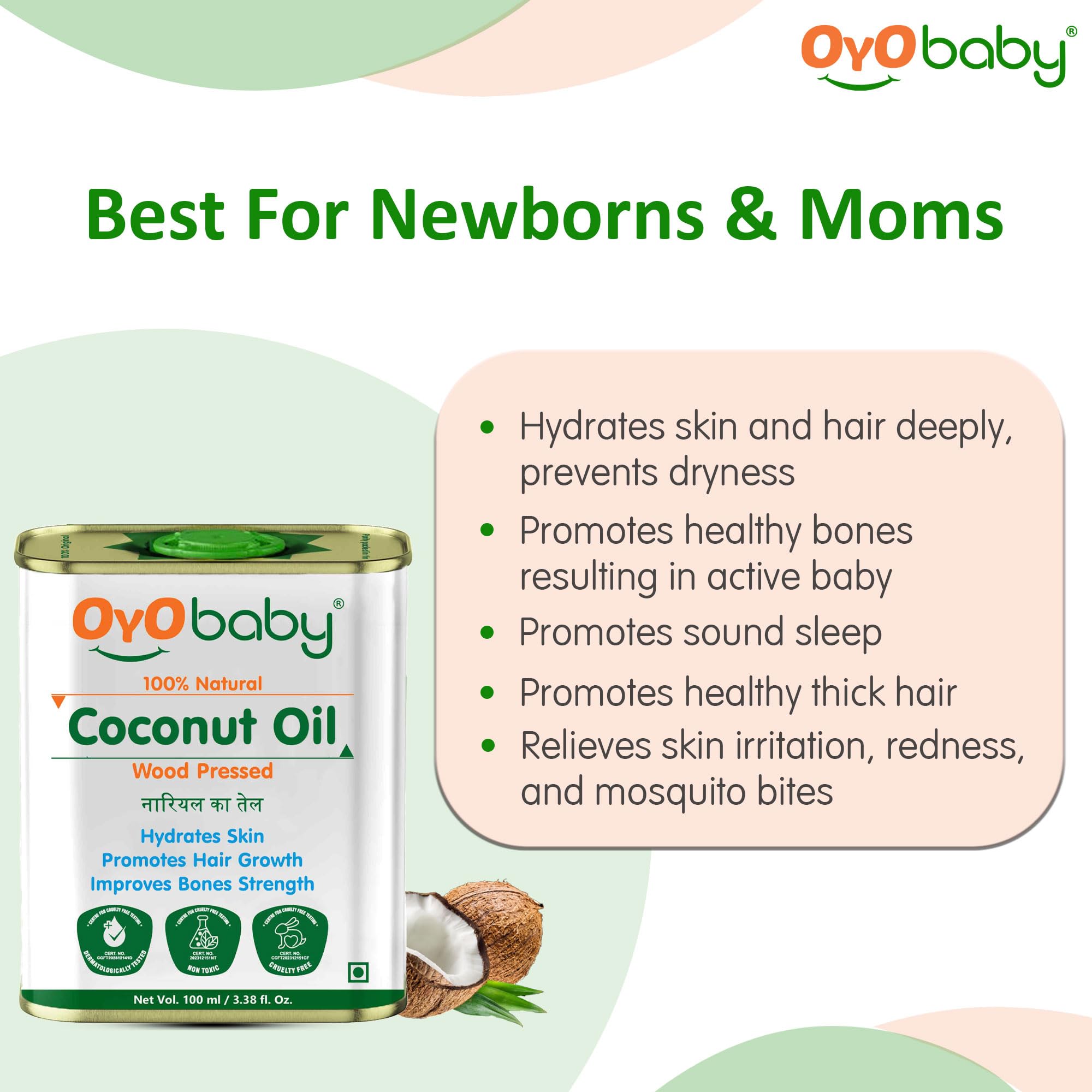 OYO BABY Virgin Coconut Oil for Skin & Hair - 100% Pure Cold Pressed Organic Coconut Oil - 100ml - Perfect for Moisturizing, Hair Care & Massage
