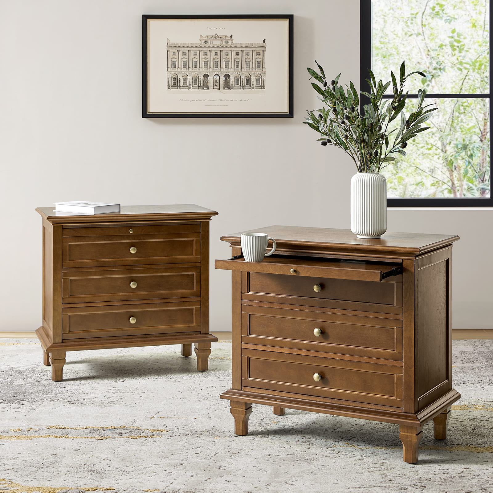 Galatea 3-Drawer Nightstand with USB Charging Ports & Power Outlets - Modern Bedside Table with Storage for Bedroom, Living Room or Office