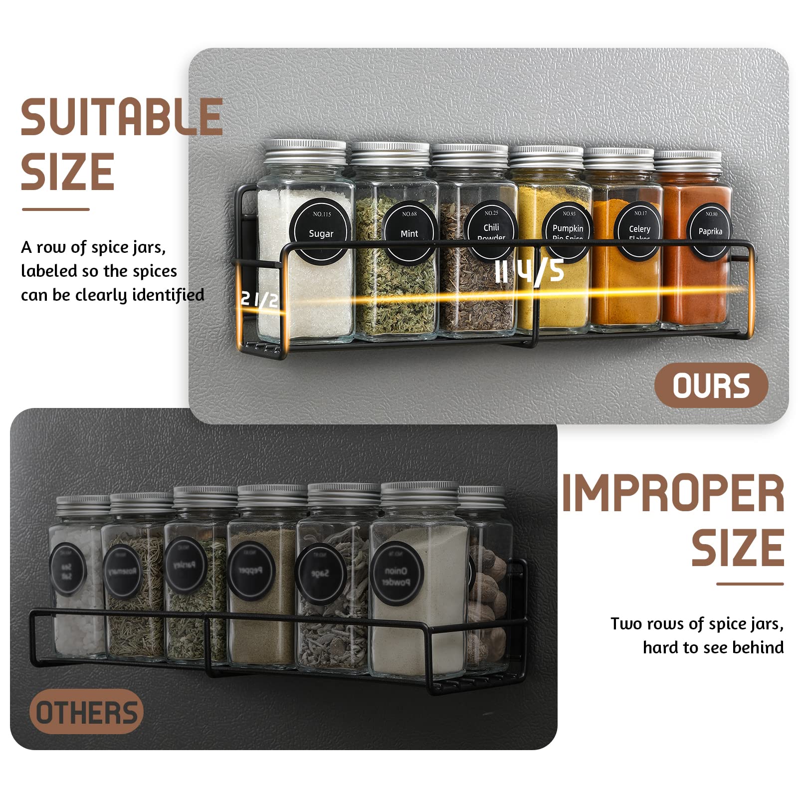 VITEVER 4-Pack Magnetic Spice Rack with 24 Square Glass Jars & Lids - Pre-Printed Labels, Funnel Included - Space Saving Spice Organizer for Kitchen, Refrigerator & Microwave - Perfect for Cooking, Baking & Meal Prep