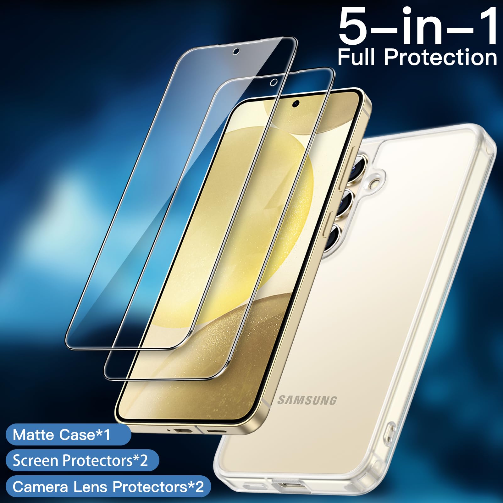 JETech 5-in-1 Matte Case for Samsung Galaxy S24+ / S24 Plus 5G - 2-Pack Screen Protector & Camera Lens Protector, Translucent Back Protective Phone Cover with Tempered Glass (Frosted Clear) - Perfect for Everyday Protection & Style