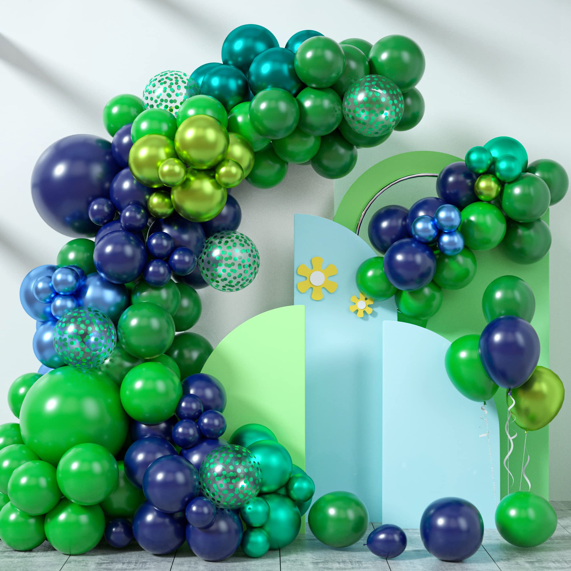 Navy Blue & Dark Green Balloon Garland Arch Kit with Metallic Chrome Balloons - Double Layer Balloon Decor for Birthday Parties, Baby Showers & Wedding Decorations