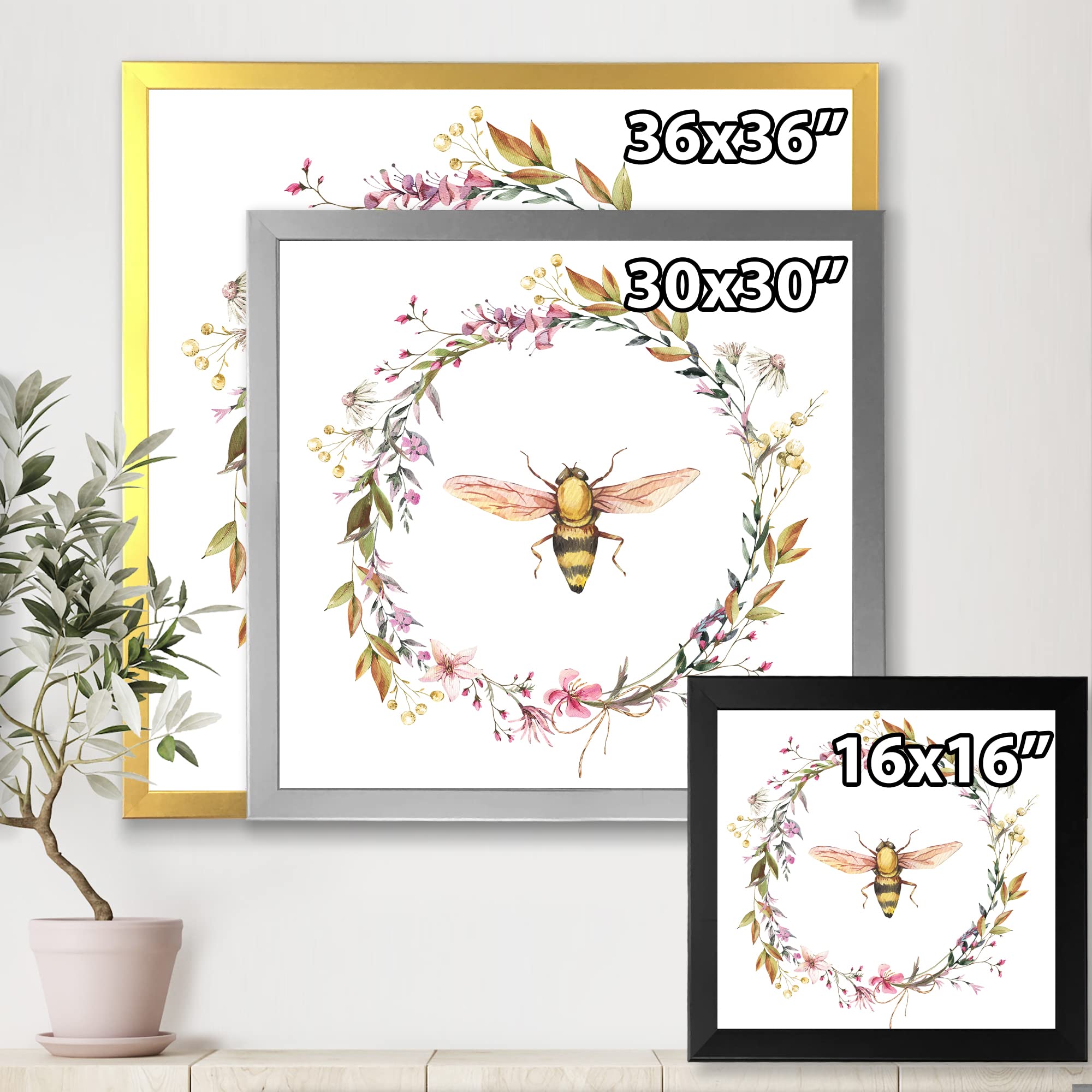 Bee in Wildflowers Wreath - Farmhouse Style Framed Wall Art Decor for Living Room, Bedroom & Kitchen
