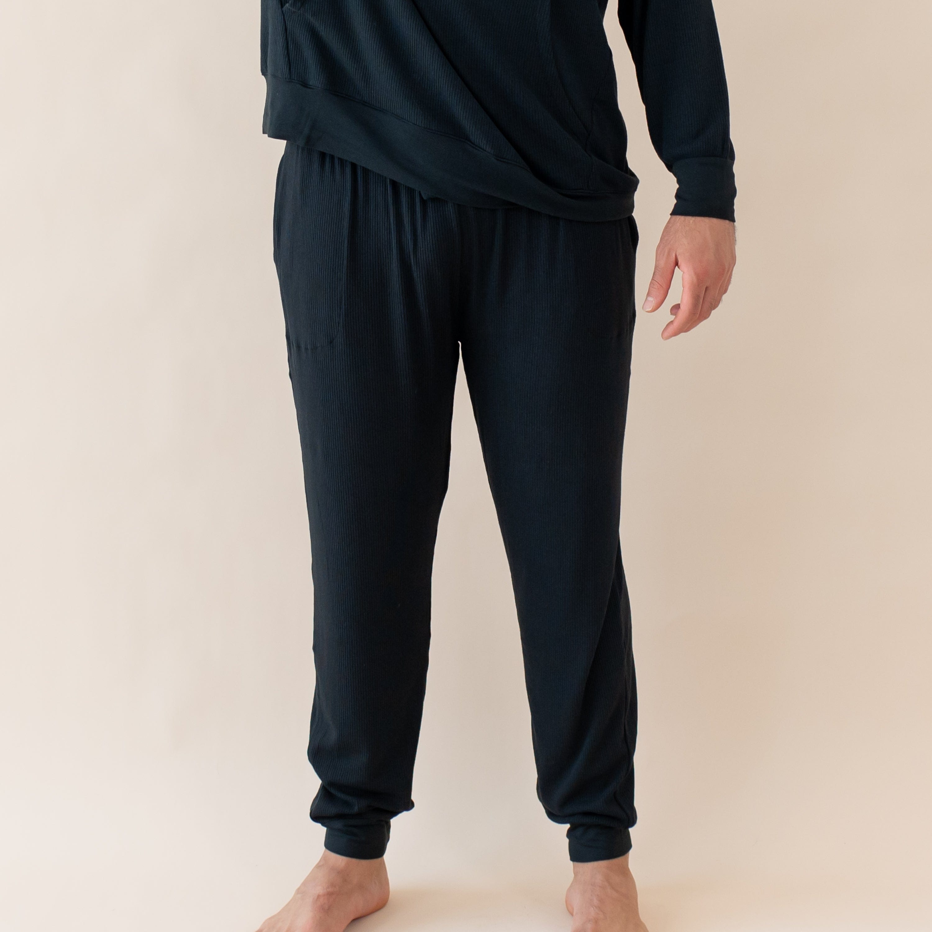 Men's Ribbed Jogger Pants - Comfortable Stretch Fit Casual Lounge Pants for Running, Workout & Home Wear - Midnight Blue