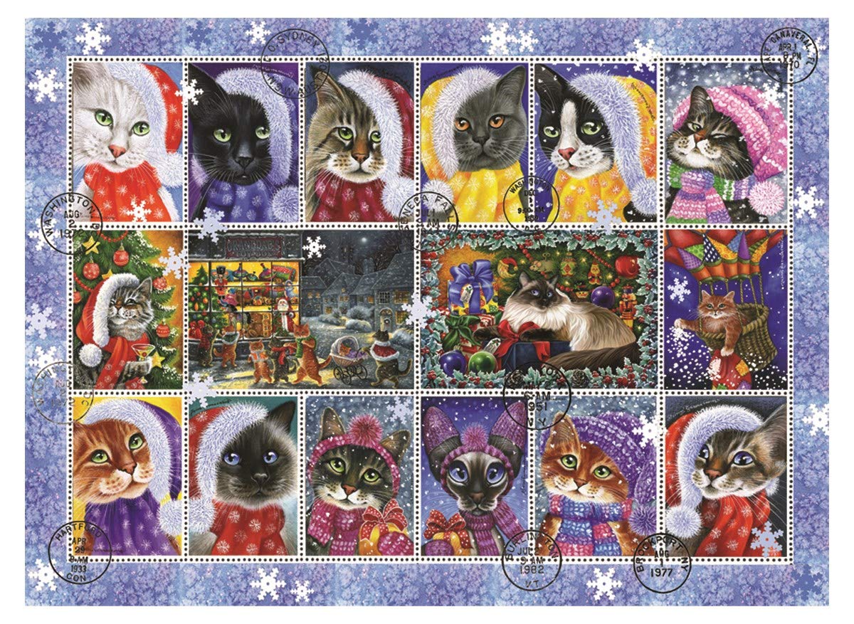 1000 Piece Jigsaw Puzzle - Anatolian Christmas Cat Stamp Collection #1103 | Fun Holiday Activity & Family Game Night