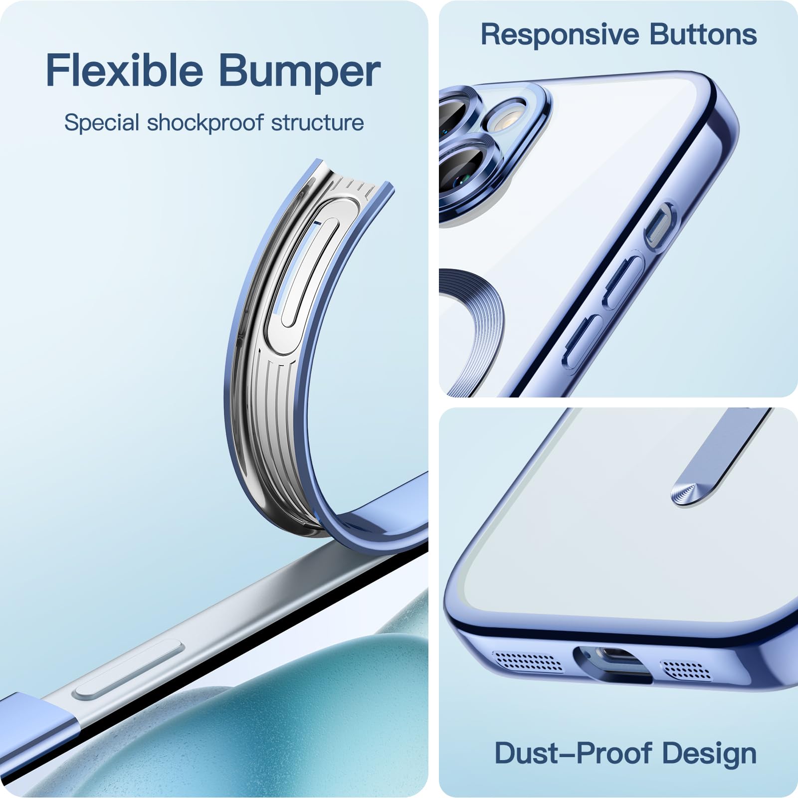 JETech iPhone 15 Plus 6.7-Inch Clear Soft TPU Case with Camera Protection | MagSafe Compatible | Shockproof Electroplated Cover | Sierra Blue | Perfect for Daily Use, Wireless Charging & Drop Protection