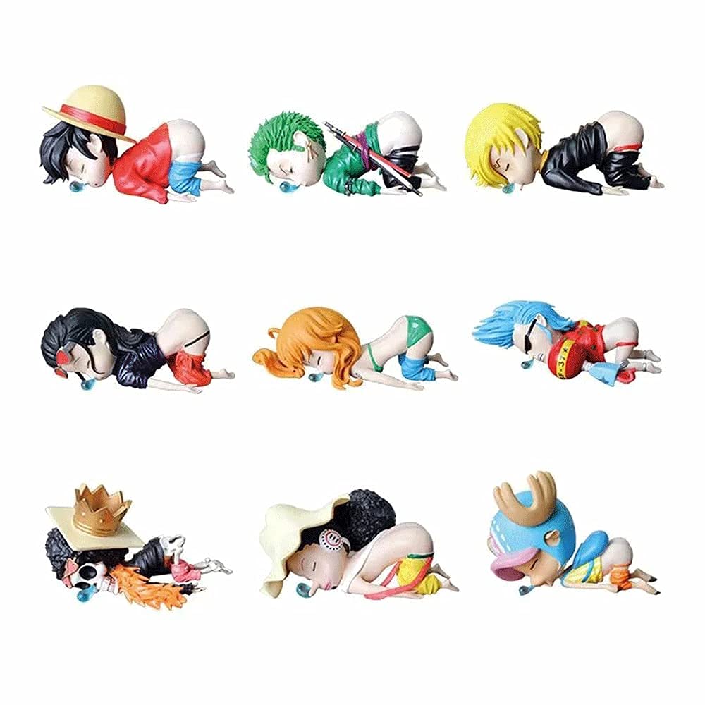 SUCICI One Piece Straw Hat Pirates 9PC Anime Figure Set (6cm/2.3in) - Cute Q Version Sleepy Bug PVC Statue Collection for Display, Decoration, Gifts - Perfect for Anime Fans, Office Desk Decor, and Birthday Presents