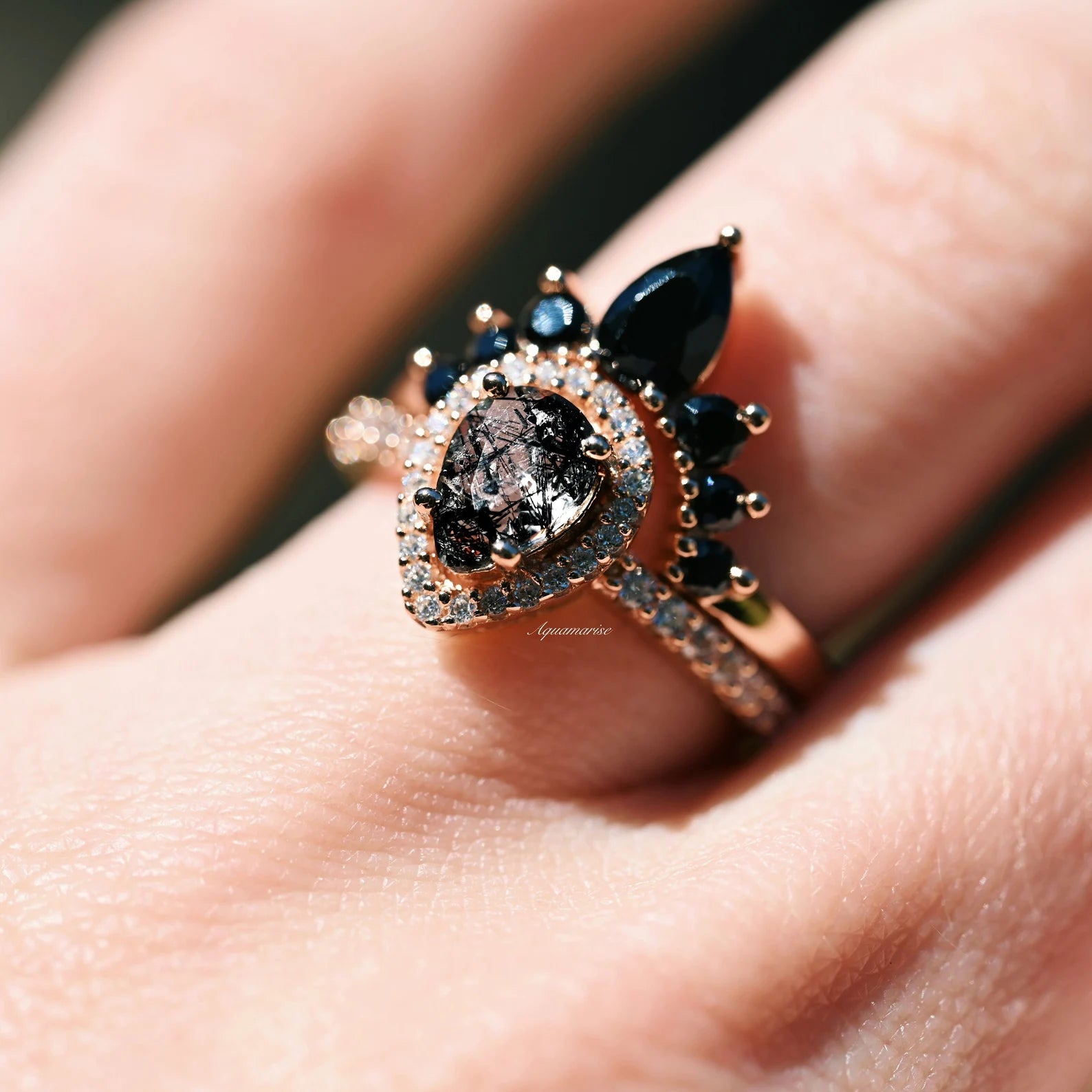 14K Rose Gold Vermeil Amy Rutilated Quartz & Black Diamond (Onyx) Ring Set - Elegant Jewelry for Women, Perfect for Weddings, Anniversaries & Special Occasions