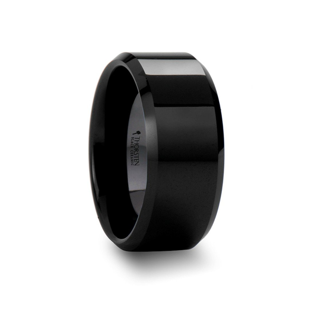 Black Ceramic Wedding Ring for Men & Women - 10mm Wide Beveled Polish Finish Band - Durable & Comfortable for Everyday Wear, Anniversary & Engagement Gifts