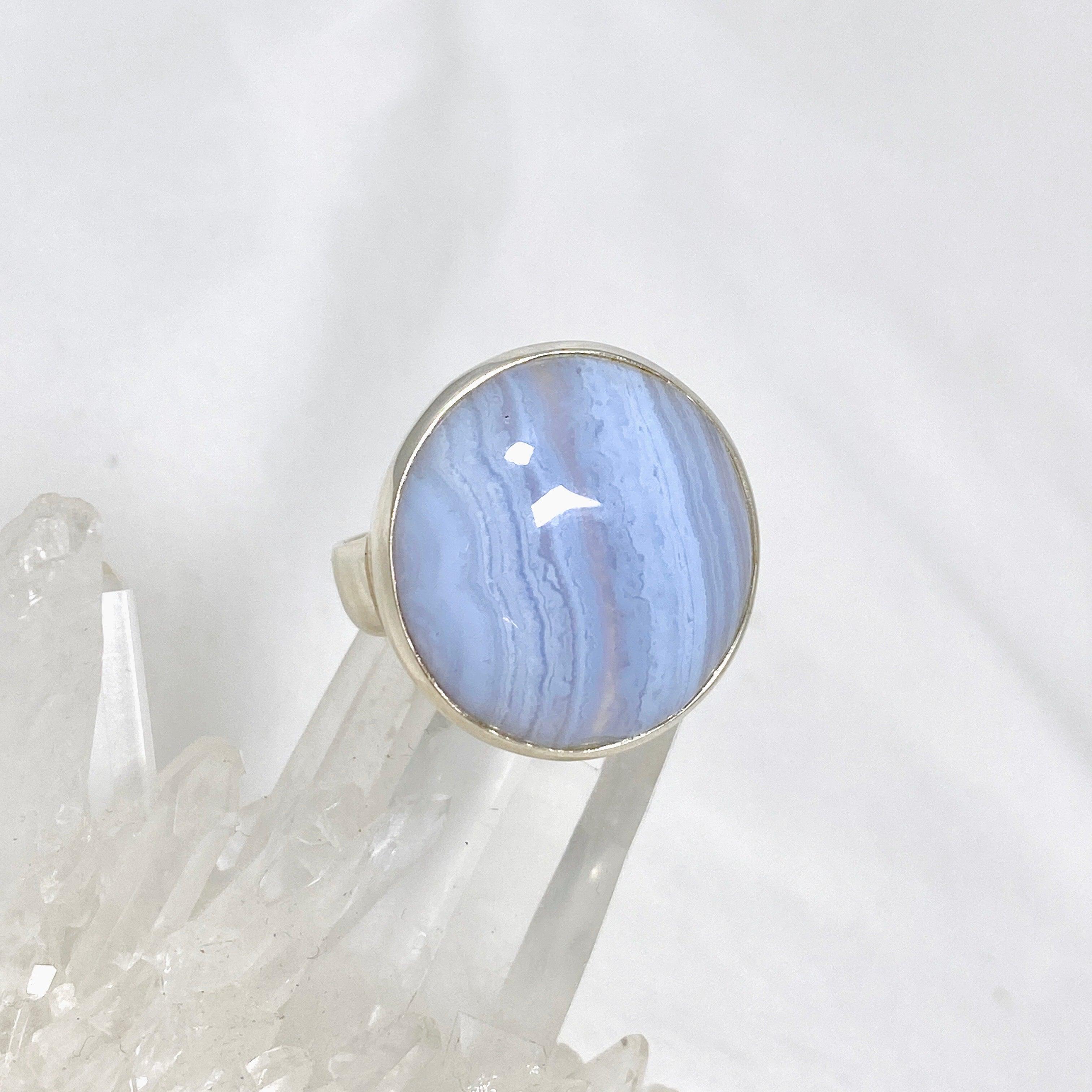 Blue Lace Agate Sterling Silver Round Ring Size 10.5 - Elegant Boho Jewelry for Women, Perfect for Weddings, Parties & Everyday Wear