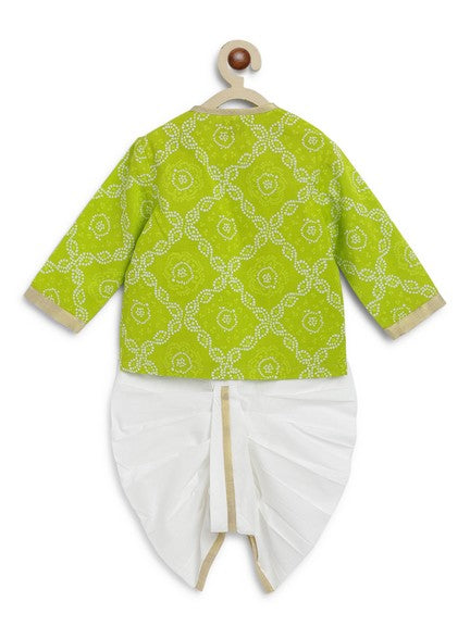 Pre Order: Baby Boy Bandhani Print Cotton Dhoti Kurta Set - Green | Traditional Indian Ethnic Wear for Festivals & Special Occasions