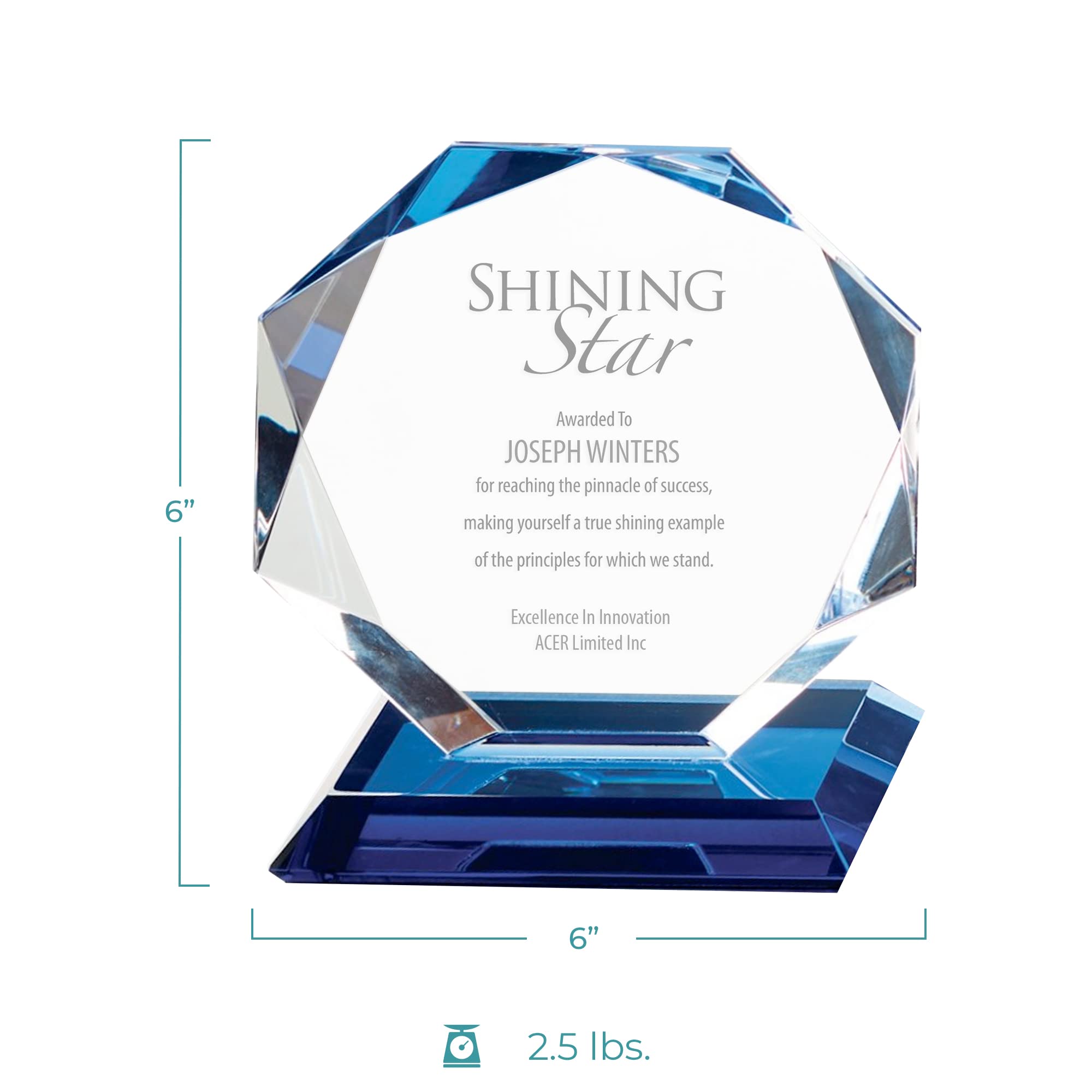 Baudville Custom Engraved Luminary Crystal Trophy Award with Blue Highlights - Elegant Black Gift Box Included - Perfect for Corporate Awards, Employee Recognition & Special Achievements