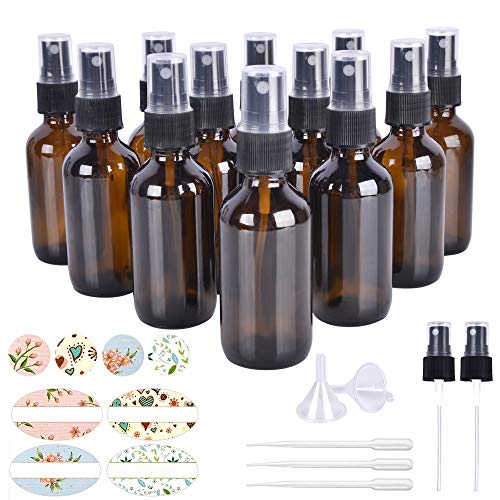 12 Pack 2oz Amber Glass Spray Bottles with Fine Mist Sprayers - Essential Oil Bottles, Perfume Sprayers & Aromatherapy Supplies (Includes 2 Funnels, 3 Droppers, 2 Extra Nozzles & 24 Labels) - Perfect for DIY Beauty, Home Fragrance & Travel Size Liquids