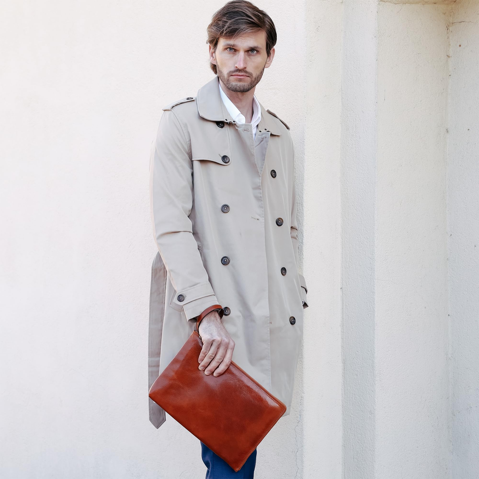 Italian Leather Clutch for Men - Wrist Bag Organizer for Business & Travel