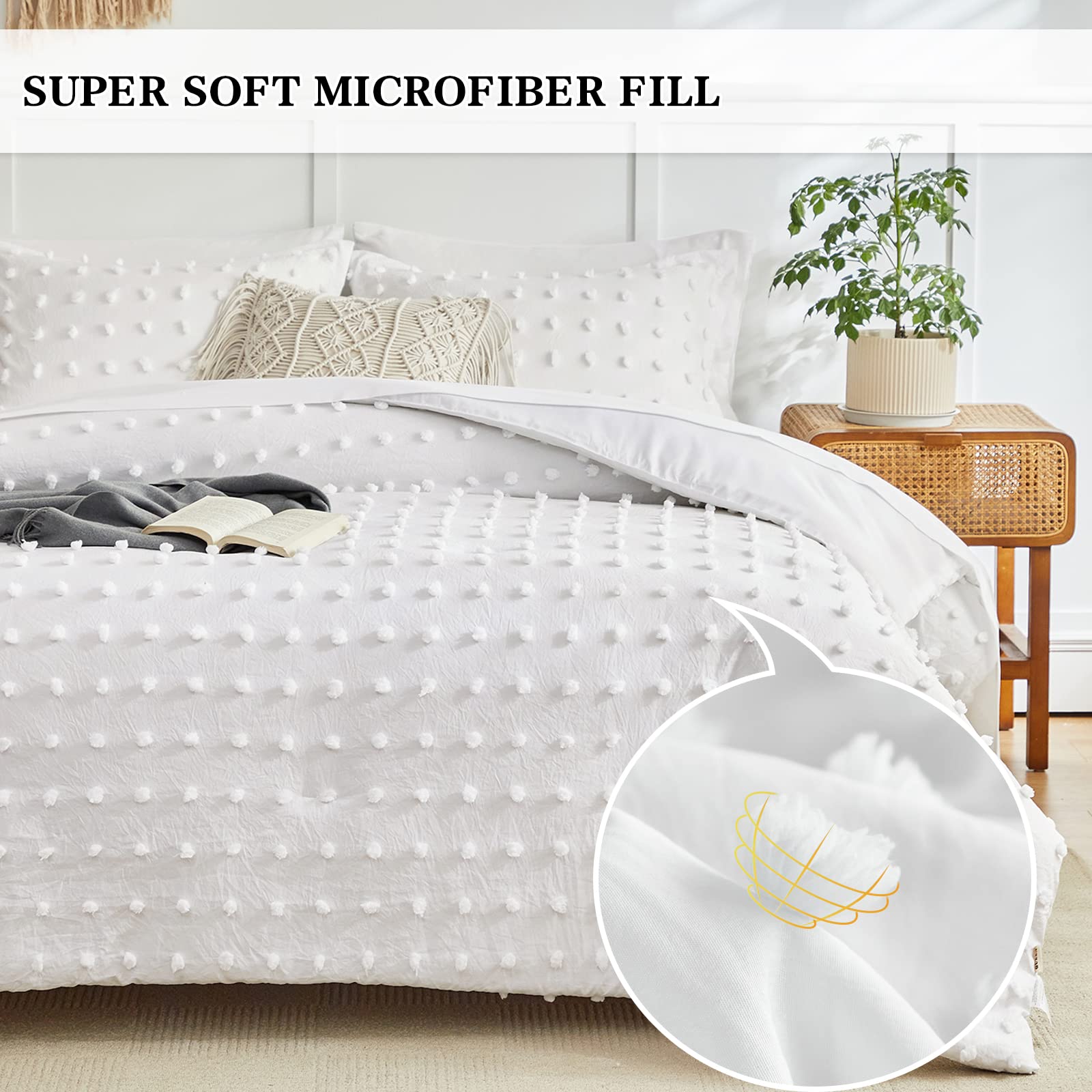 6-Piece Tufted Dots Twin Comforter Set with Sheets - Soft White Embroidery Shabby Chic Boho Bedding, Pom Pom Design Jacquard Tufts for Kids | Cozy & Stylish Nursery or Teen Room Decor