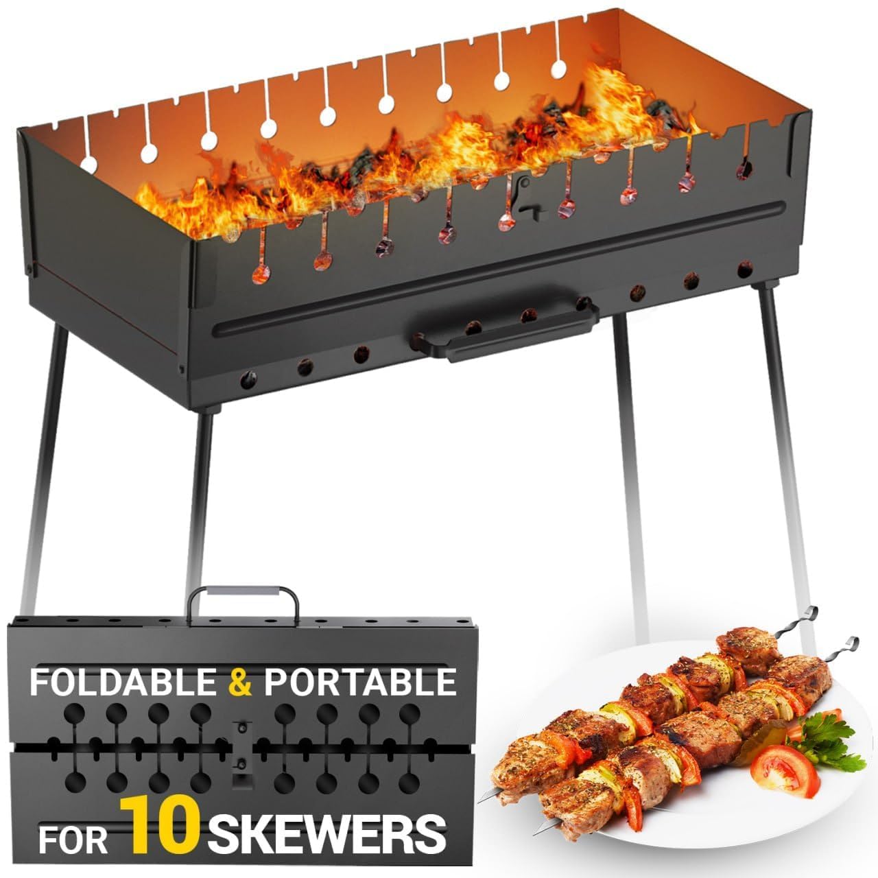 Portable Charcoal Grill for 10 Skewers - Foldable Metal BBQ Kabob Grill for Outdoor Cooking - Camping, Picnic, Hiking & Backyard Barbecue - Perfect for Shish Kebab, Grilling Meat & Vegetables
