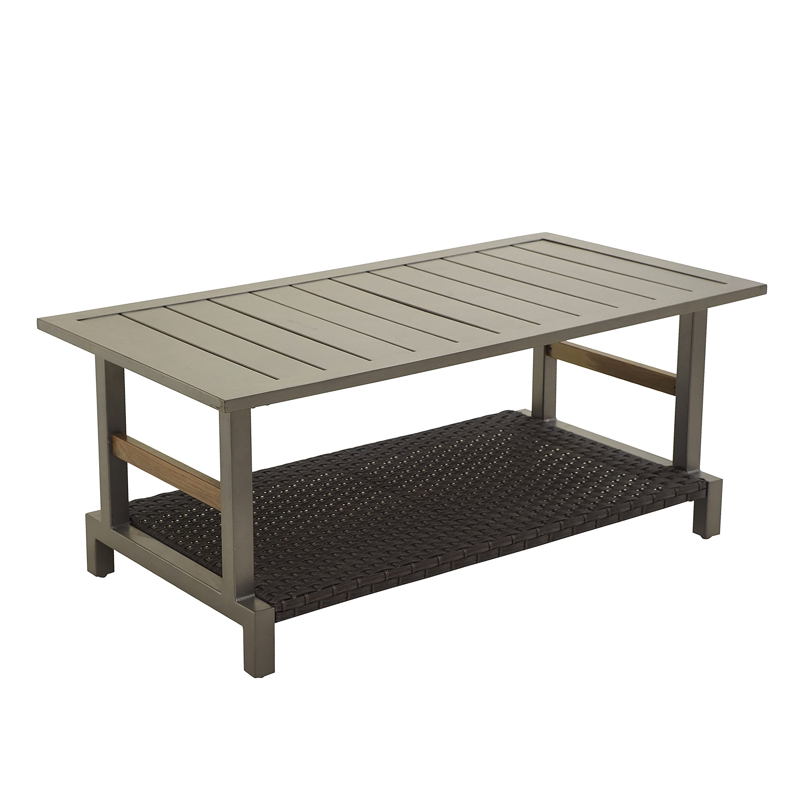 LOKATSE HOME Outdoor Coffee Table - Rectangle Patio Bistro Dining Furniture with Wicker Rattan & 2-Shelf Storage, Grey - Perfect for Backyard, Garden, Poolside & Balcony Use