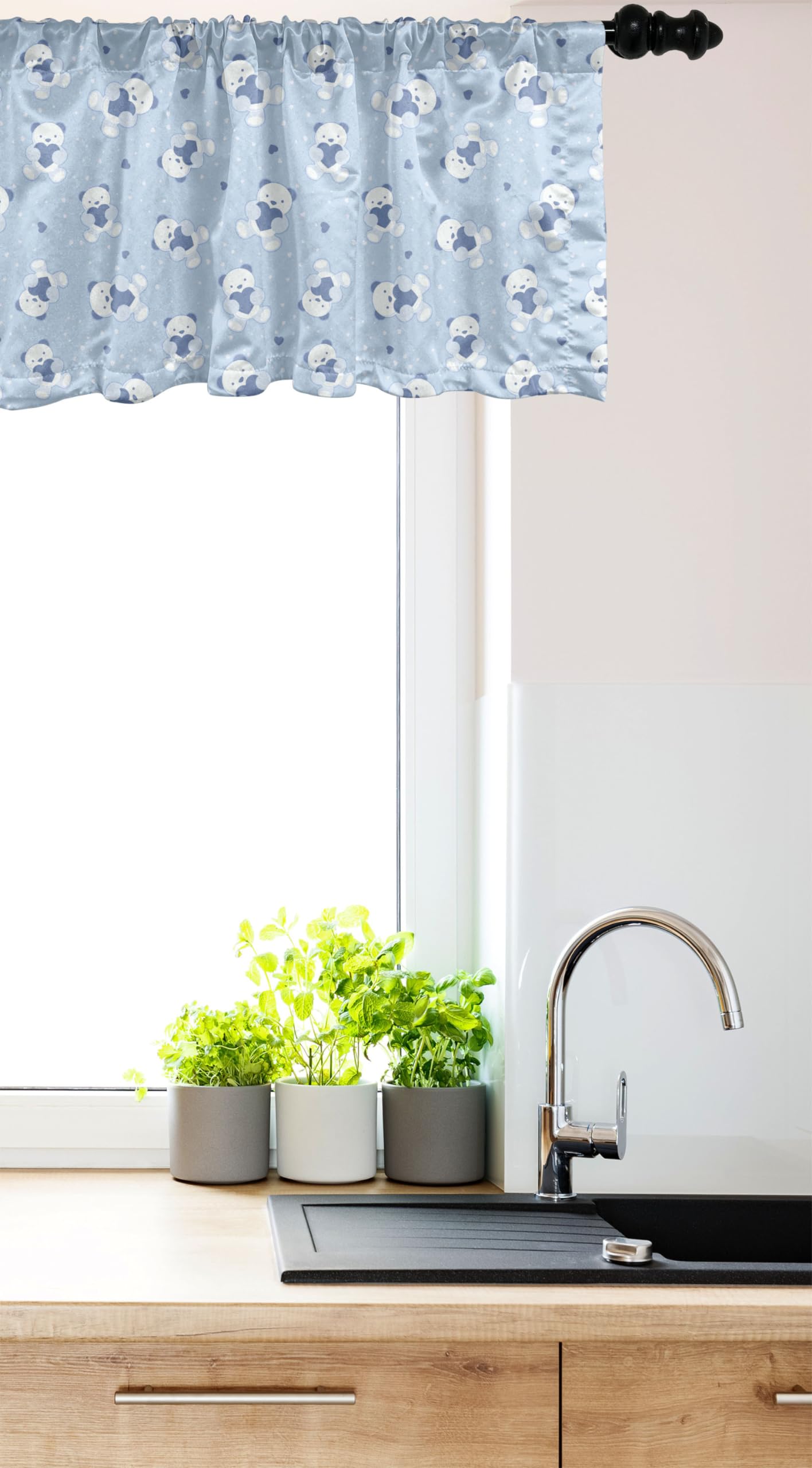 Ambesonne Teddy Bear Cartoon Window Valance - Blue Backdrop with Hearts Shower Theme, 54