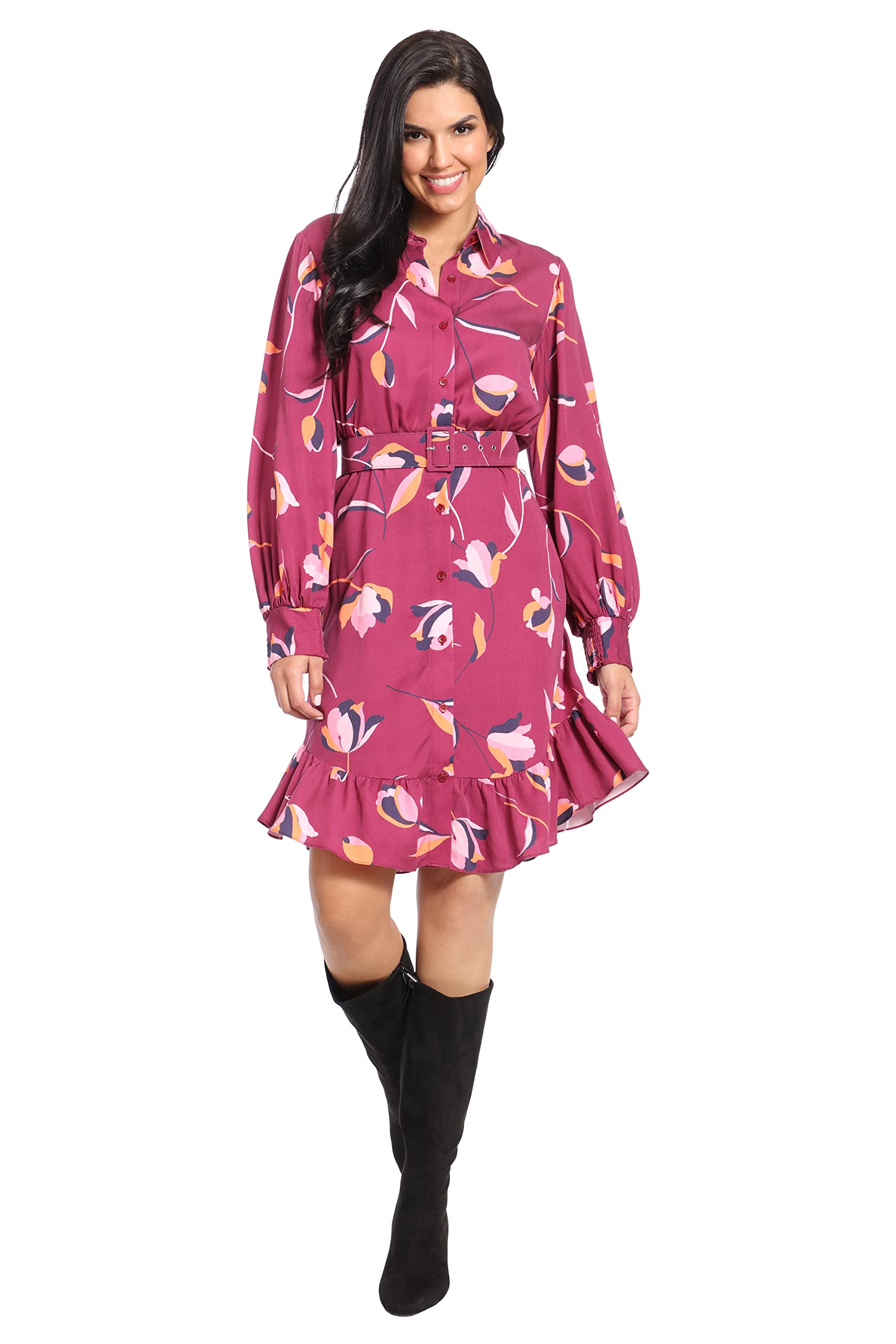 London Times Women's Petite Balloon Sleeve Mini Shirtdress - Flirty Casual Dress for Brunch, Date Night & Summer Outings