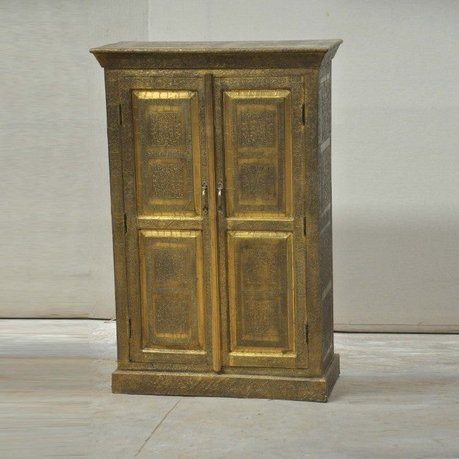 Antique Brass Embossed Solid Wood Indian Golden Small Almirah Cabinet - Vintage Home Decor for Bedroom, Living Room & Office Storage