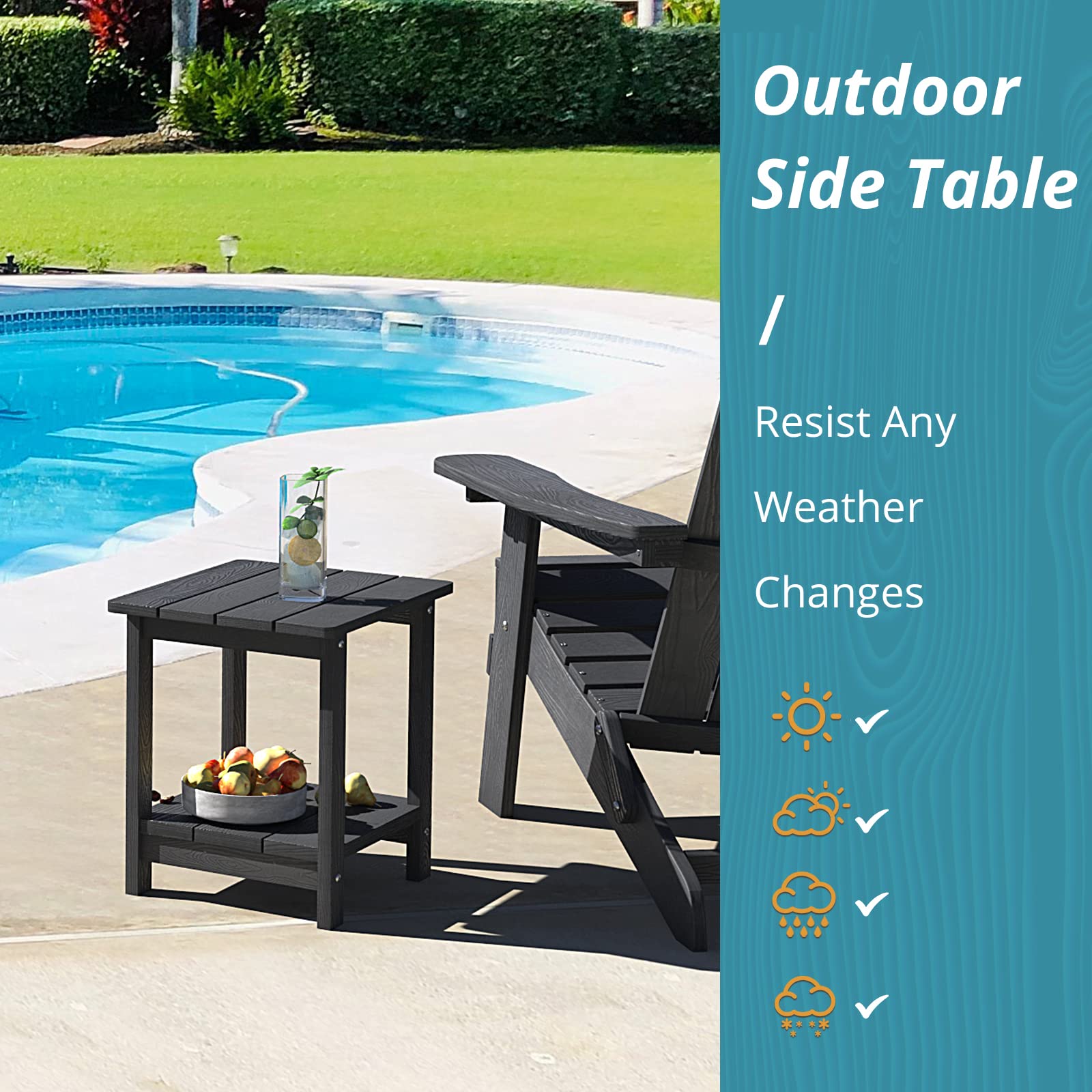 LUE BONA 2-Tier Black Adirondack Outdoor Side Table - Weather-Resistant HDPS Patio End Table for Garden, Pool, Porch & Deck - Perfect for Drinks, Books & Outdoor Relaxation