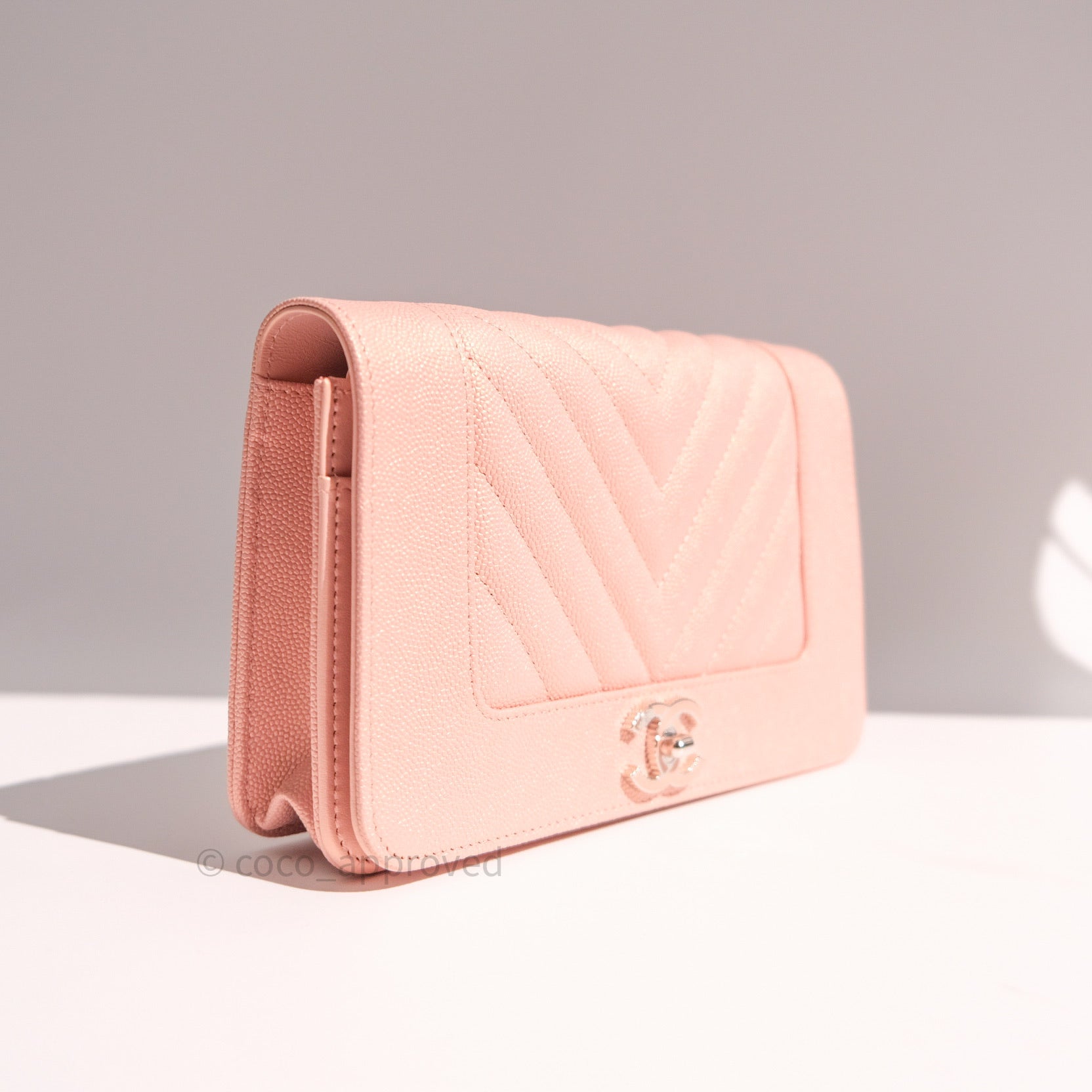 Chanel Chevron Wallet on Chain WOC Rose Gold Caviar Leather with Silver Hardware - Perfect for Evening Events & Luxury Fashion Accessories