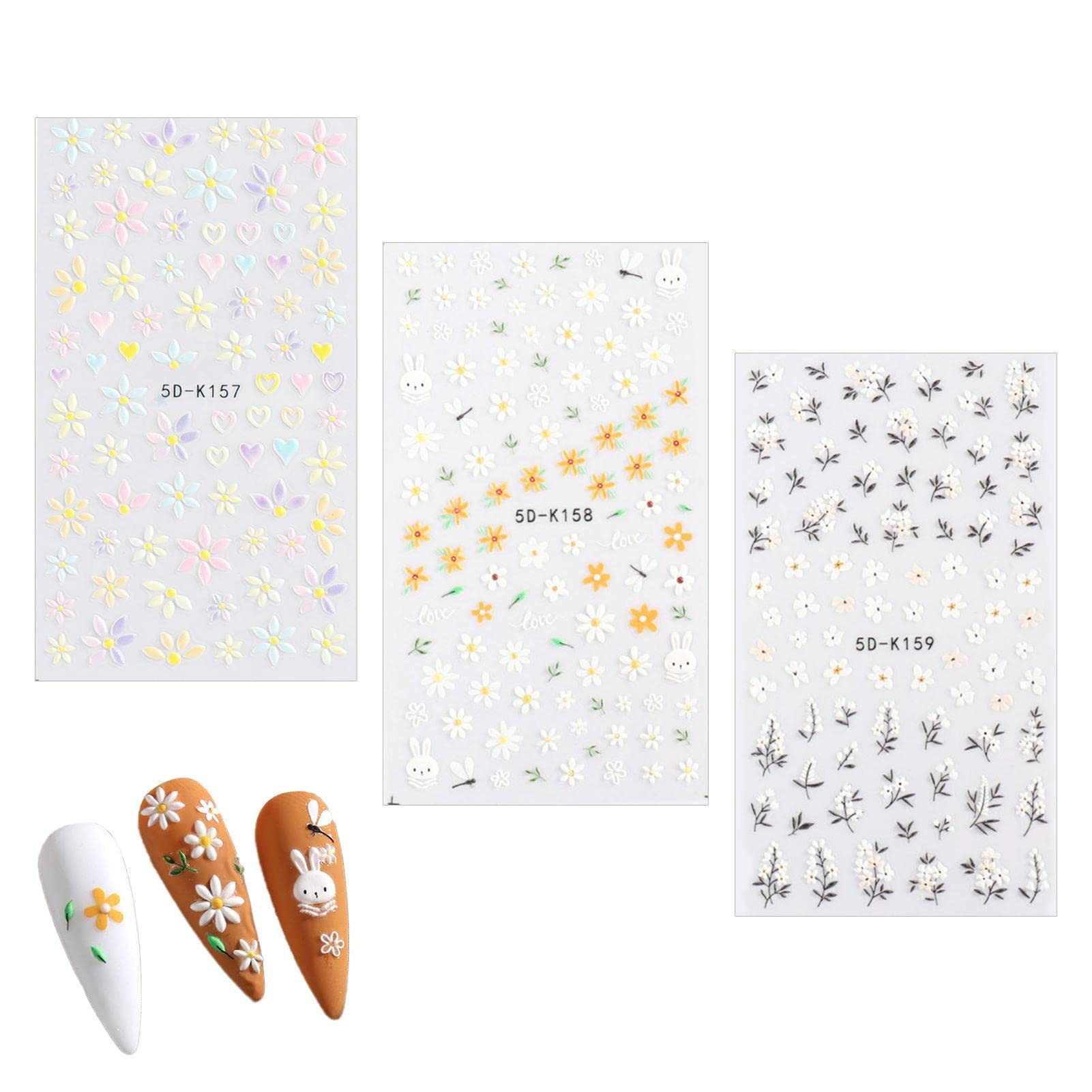 3D Embossed Nail Stickers - Cute Rabbit & Daisy Flower Design - 5D Self-Adhesive Nail Art Decals for DIY Manicure - Perfect for Parties, Weddings, and Everyday Nail Decoration