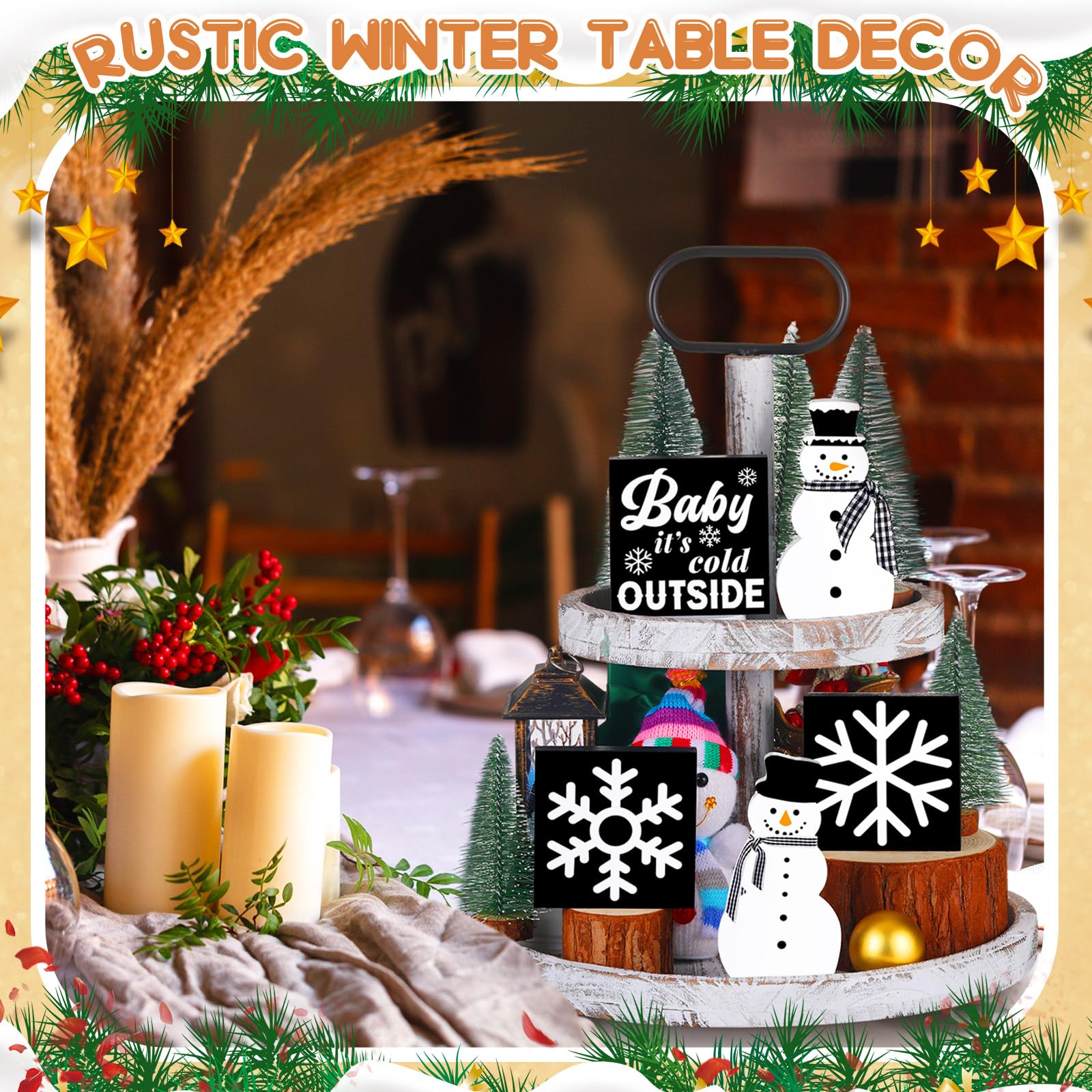 Soaoo 5-Piece Winter Farmhouse Decor Set - Snowman Tiered Tray Decor with Wooden Signs for Holiday Shelf, Kitchen, Coffee Bar & Home Table Decoration - Perfect for Christmas Gifts & Winter Home Styling (Snowflake Design)