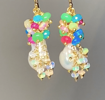 Baroque Flameball Pearl Cluster Earrings with Multi-Color Opals - Vintage Boho Jewelry for Women, Gift for Her, Perfect for Weddings, Parties & Special Occasions