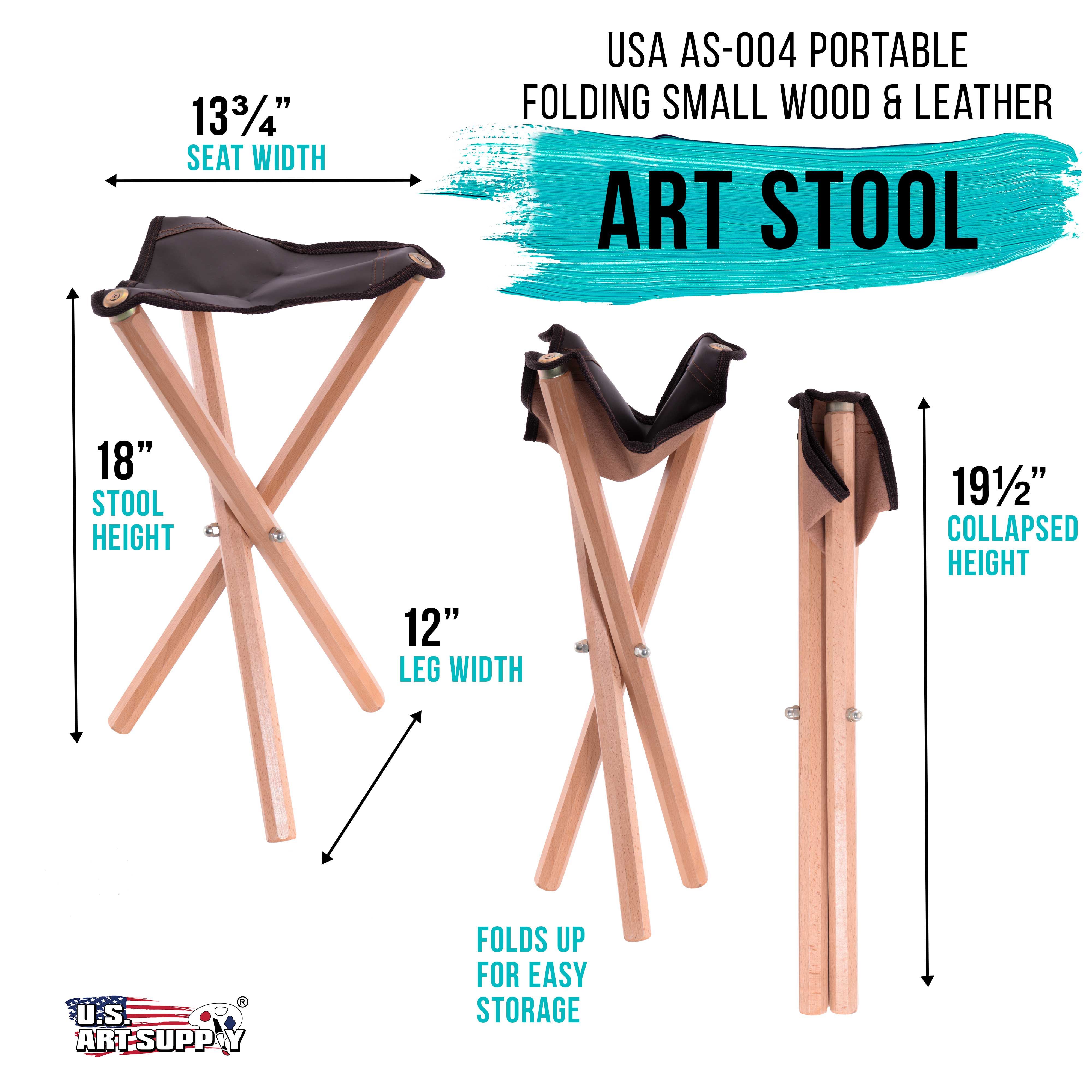 Portable 3-Leg Wooden Artist Folding Stool with Saddle Leather Seat - Compact & Lightweight Sketching Stool for Outdoor Painting, Camping & Art Classes