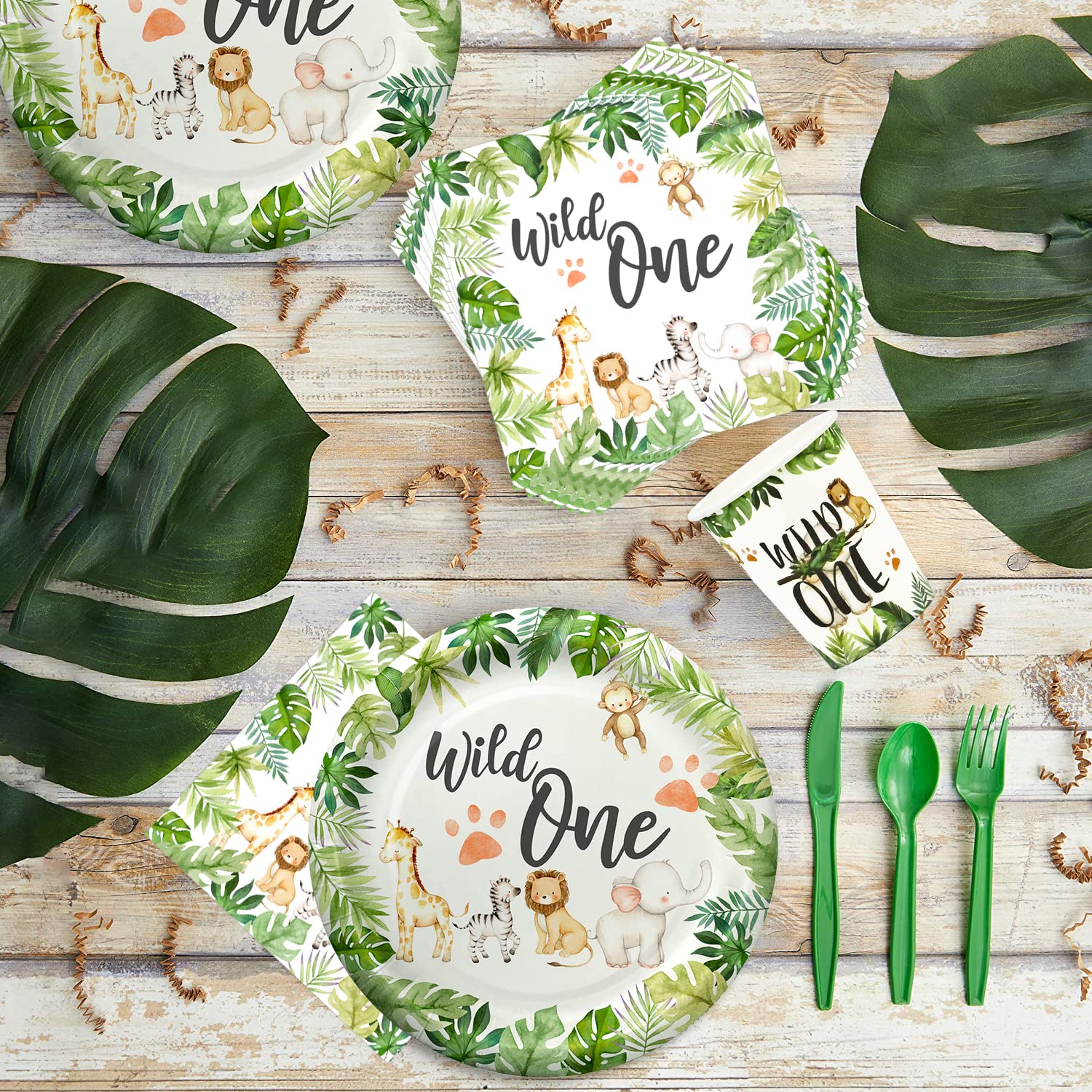 Wild One Birthday Party Supplies - Safari Animal Jungle Theme Tableware Set (Plates, Cups, Napkins, Tablecloth, Straws, Cutlery) for 24 Guests - Perfect for Baby Shower, 1st Birthday & Jungle Themed Parties