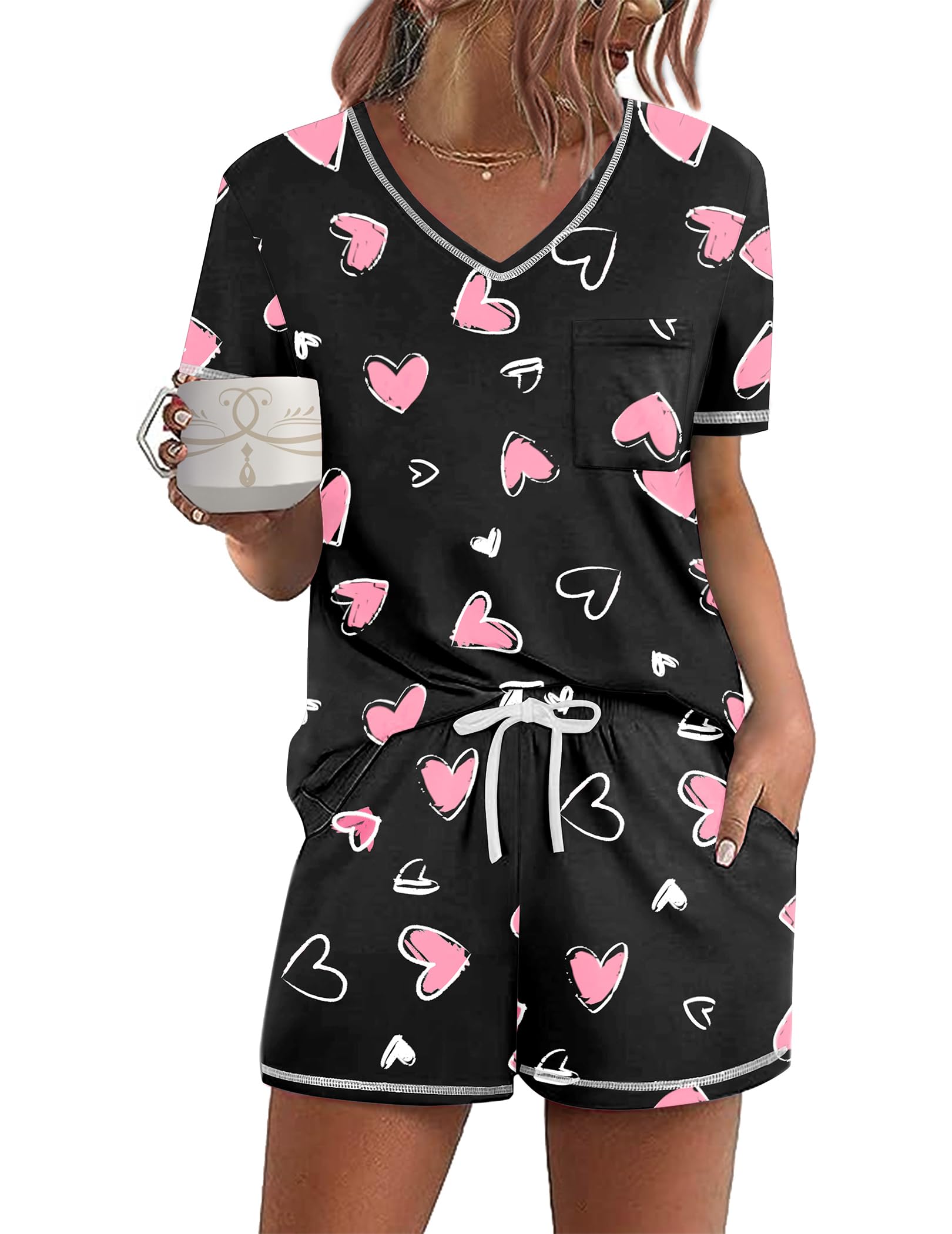 Ekouaer Women's Pajama Set - Soft Short Sleeve Sleepwear & Lounge Outfit with Pockets - Comfortable 2-Piece PJs for Nightwear, Relaxing at Home or Travel