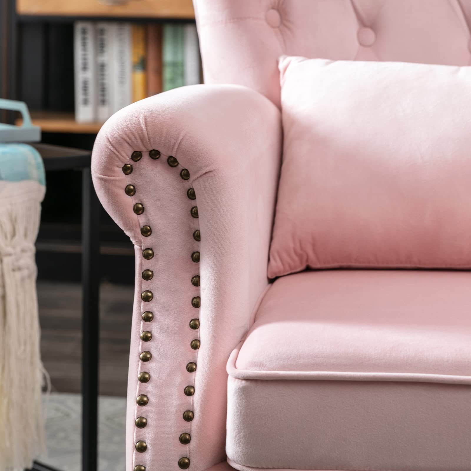 Mid-Century Modern Accent Chairs Set of 2 - Velvet Tufted Wingback Armchairs with Pillows for Living Room, Bedroom, Lounge (Pink) | Stylish & Comfortable Seating for Home Decor & Relaxation