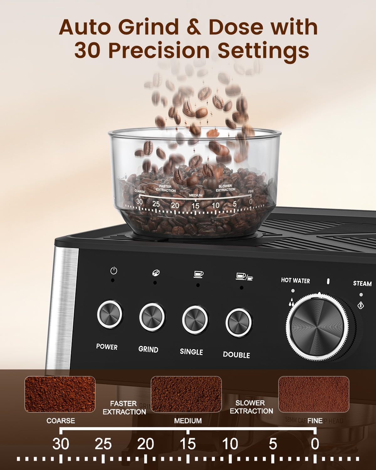 Professional 20 Bar Espresso Machine with Built-in Grinder & Milk Frother Steam Wand - Removable Water Tank for Easy Cleaning - Perfect for Home Baristas Making Cappuccino, Latte & Espresso - Ideal for Kitchens, Offices & Coffee Shops