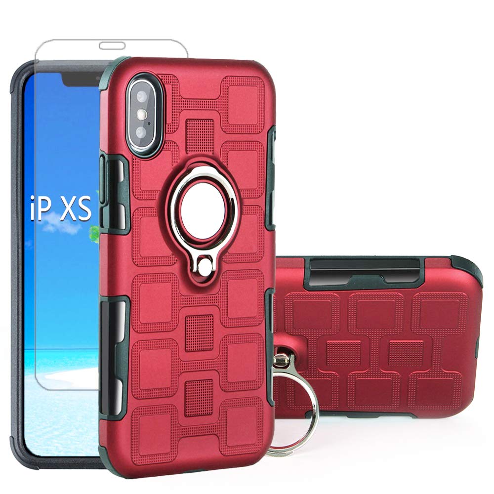 Premium Slim Hybrid Hard Phone Case for Apple iPhone X/Xs/10 with Tempered Glass Screen Protector & Stand Ring Holder - Durable Protective Cover for iPhone X/Xs/10 (Red) - Perfect for Daily Use, Travel, and Work Protection