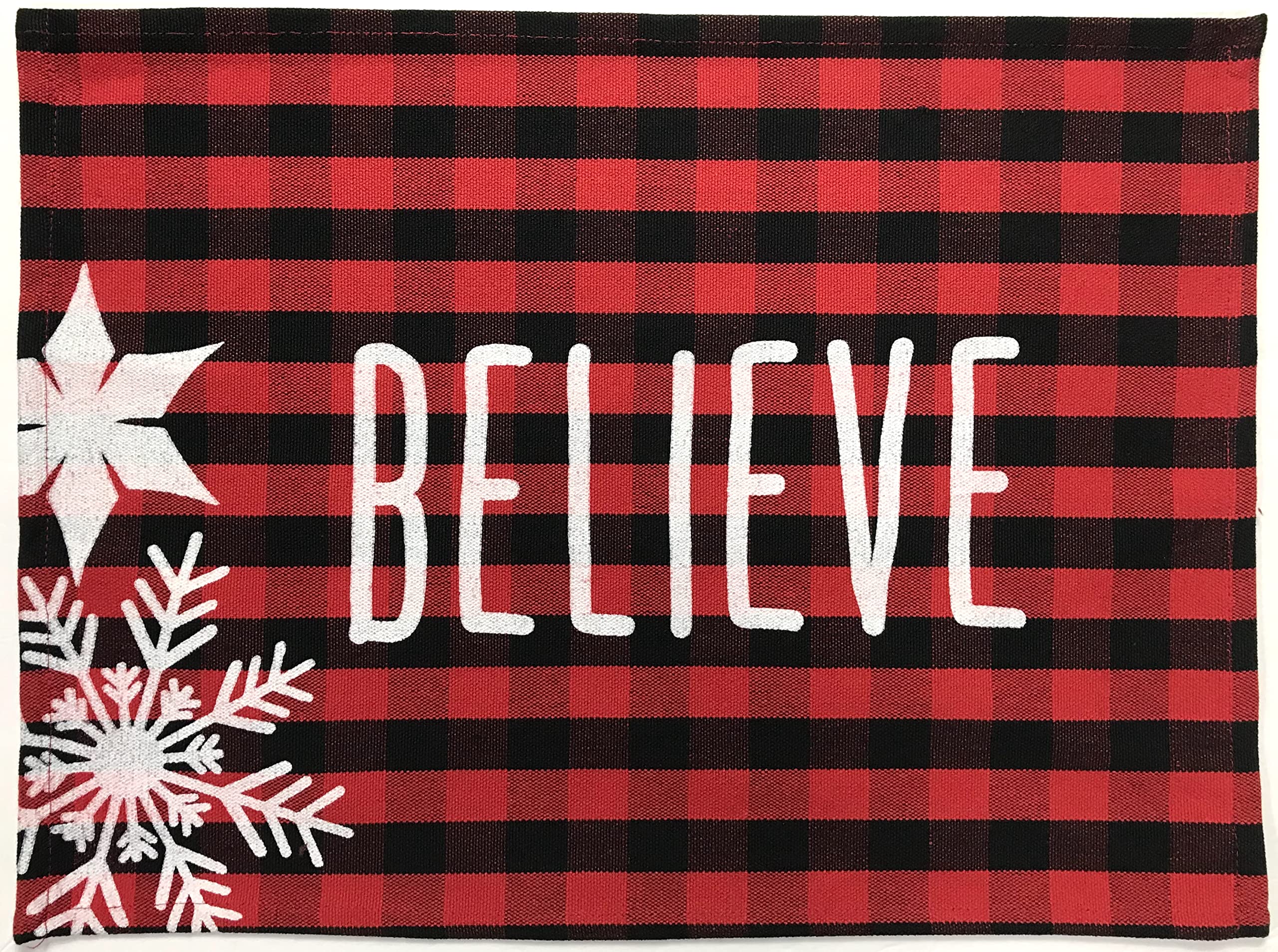 Farmhouse Christmas Placemats Set of 6 - Distressed Believe Print Holiday Table Mats in Black & Red Check Fabric for Dining Decor - Perfect for Christmas Dinner, Winter Gatherings & Festive Home Decor