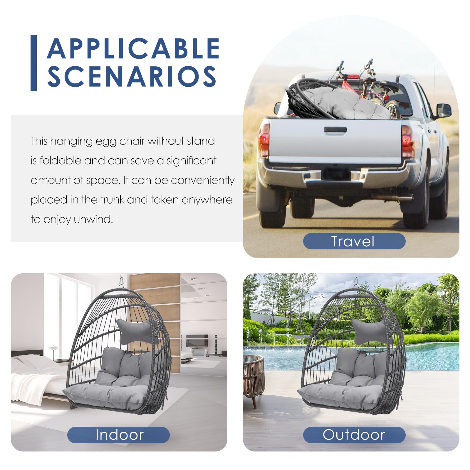 Nicesoul Hanging Egg Chair Without Stand - Indoor/Outdoor Swing Egg Basket with Cushion, 300lbs Capacity - Gray Hammock Chair for Patio, Backyard, Balcony, Bedroom, Porch - Perfect for Relaxing, Reading & Lounging